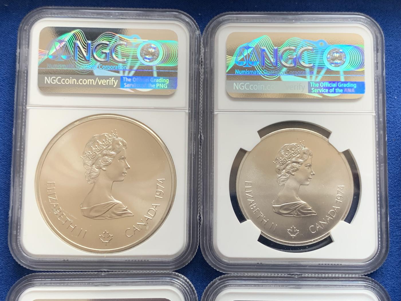 《竞宝斋》第270场- 周日，周一，周二  3场连拍 （全场包邮） 4枚一组 NGC MS66-69 加拿大1974年蒙特利尔奥运会纪念银币 全部为克朗型大银币 925银 合计重量144克 有原盒 少见品种