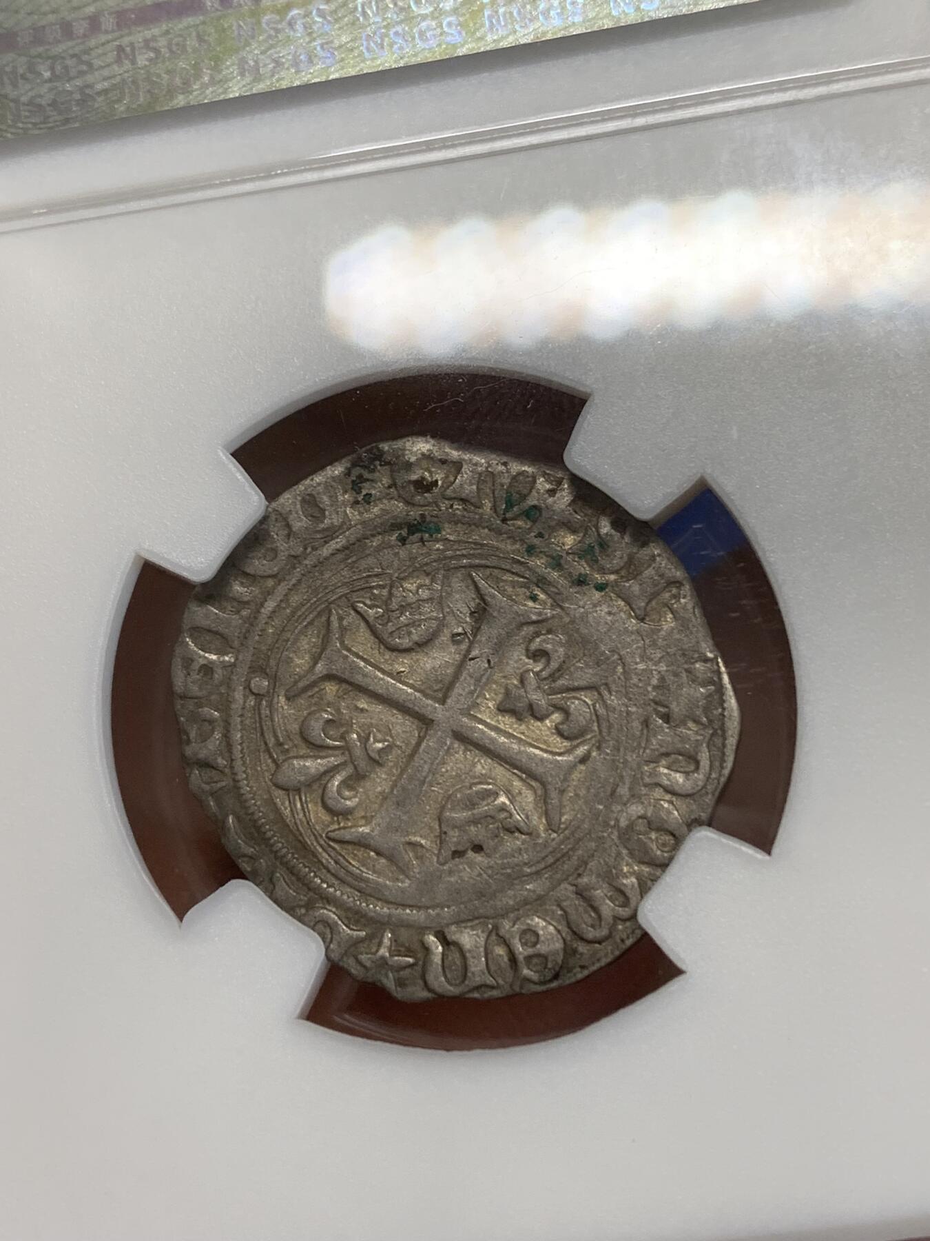 《竞宝斋》第270场- 周日，周一，周二  3场连拍 （全场包邮） 奈斯评级 AU55 1488年法国中世纪查理八世银币  保留原光，打制铭文齐全，好品非常少