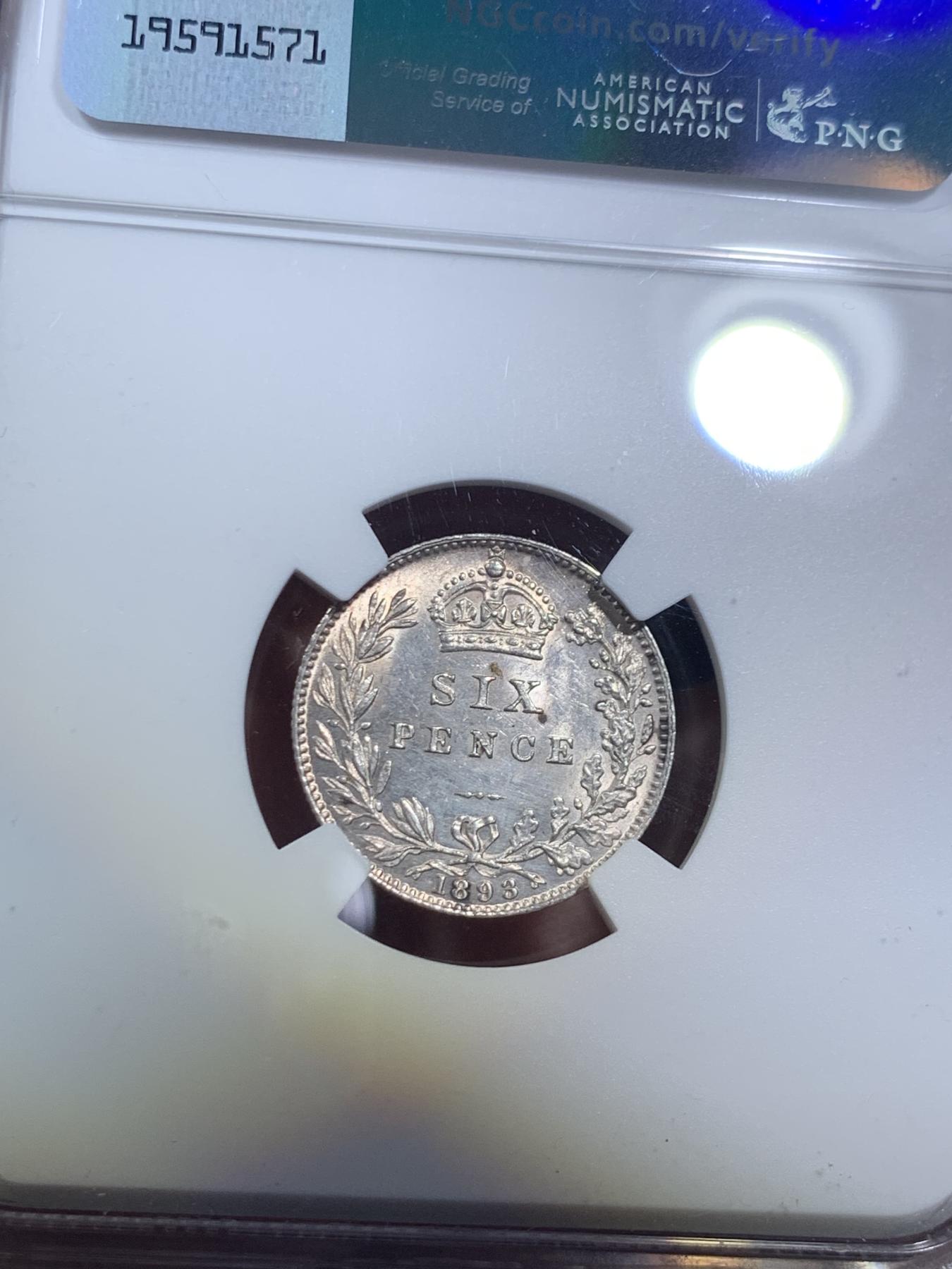 《竞宝斋》第270场- 周日，周一，周二  3场连拍 （全场包邮） NGC UNCD 英国 1893年 维多利亚 批纱版 6便士 银币