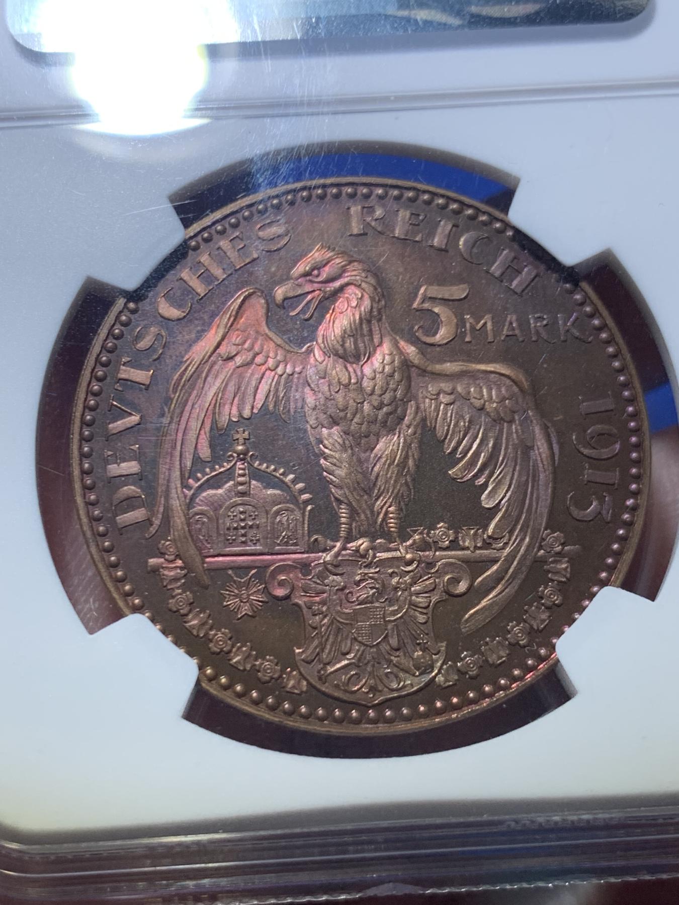 《竞宝斋》第270场- 周日，周一，周二  3场连拍 （全场包邮） NGC PF64RB 德国普鲁士1913年5马克铜样币 卡尔哥茨作品 镜面感强烈 背面梦幻蓝紫色包浆