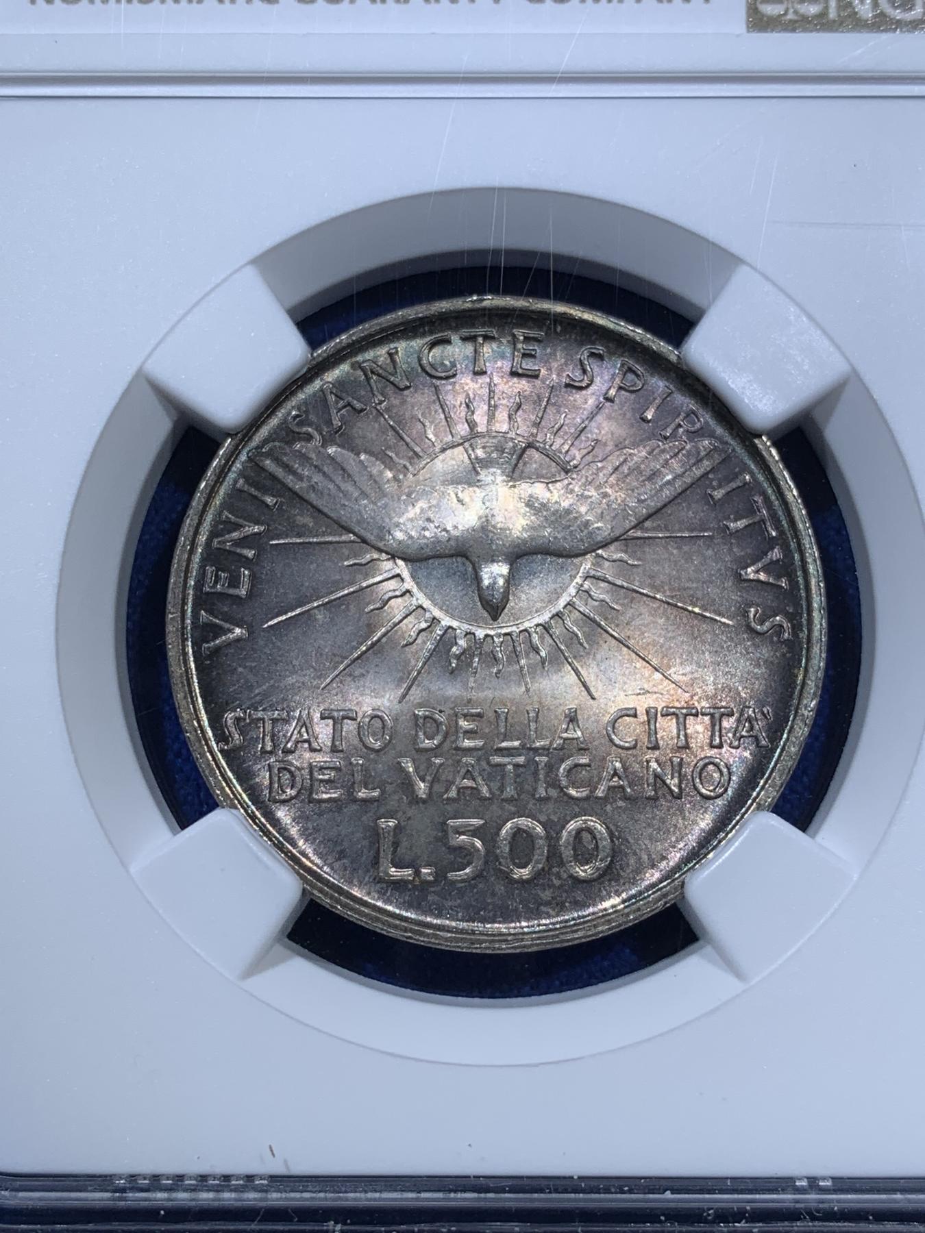 《竞宝斋》第270场- 周日，周一，周二  3场连拍 （全场包邮） NGC MS64 梵蒂冈1958年教皇缺位500里拉银币