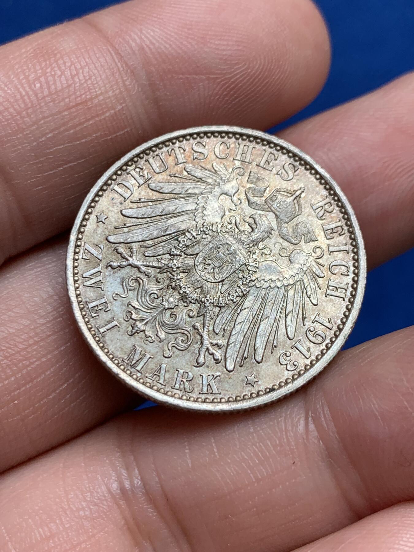 《竞宝斋》第270场- 周日，周一，周二  3场连拍 （全场包邮） 1913年德国威廉二世2马克银币 UNC转光