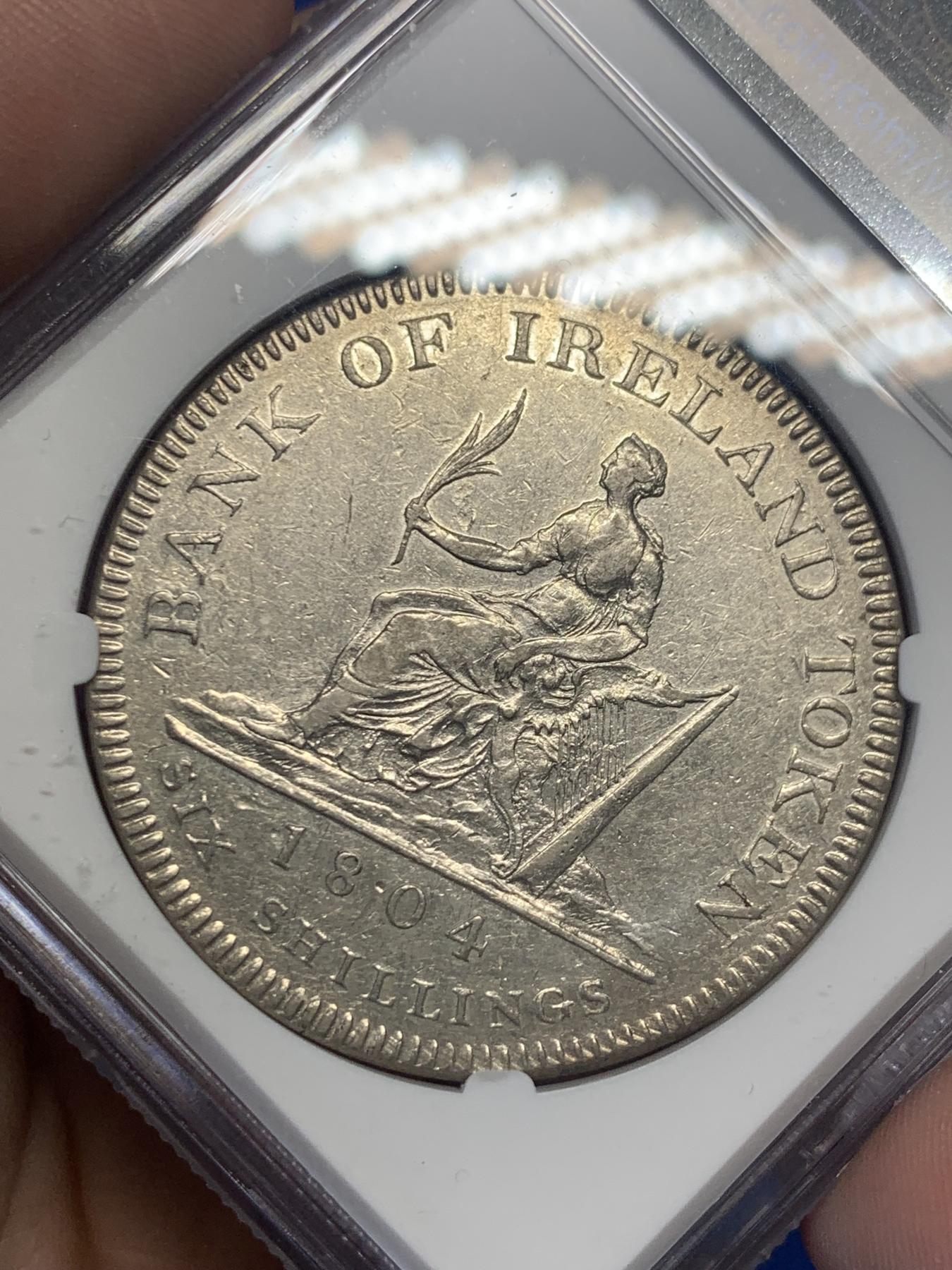 《竞宝斋》第270场- 周日，周一，周二  3场连拍 （全场包邮） NGC AU50 英国 1804年 乔治三世爱尔兰 银行6先令银币 比英格兰版本少很多