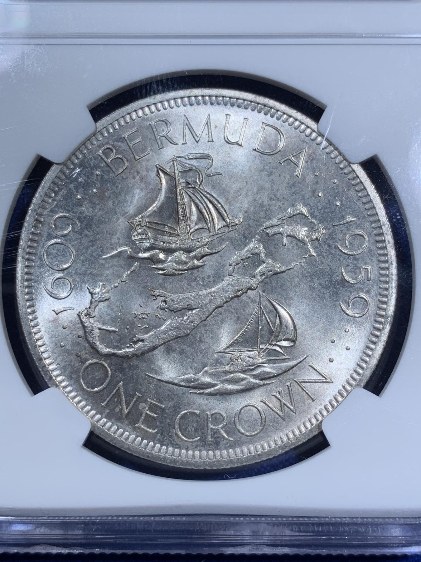 《竞宝斋》第270场- 周日，周一，周二  3场连拍 （全场包邮） NGC MS65 英属百慕大1959年伊丽莎白二世青年头像克朗银币 经典女王头像 高分好品