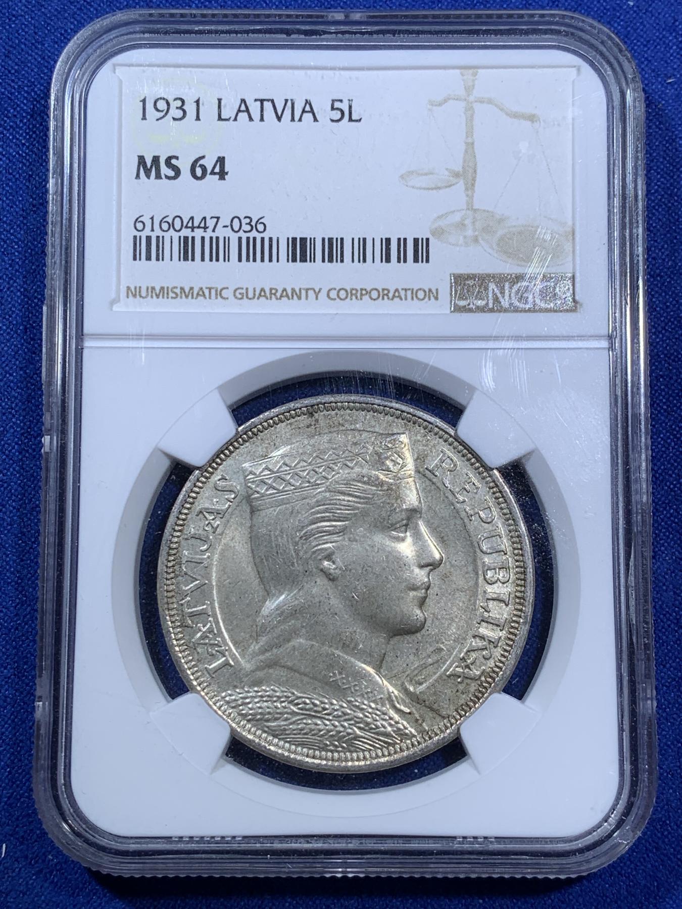 《竞宝斋》第270场- 周日，周一，周二  3场连拍 （全场包邮） NGC MS64 拉脱维亚1931年谷物女神5拉特大银币 64分已经很少见了 外拍大涨品种