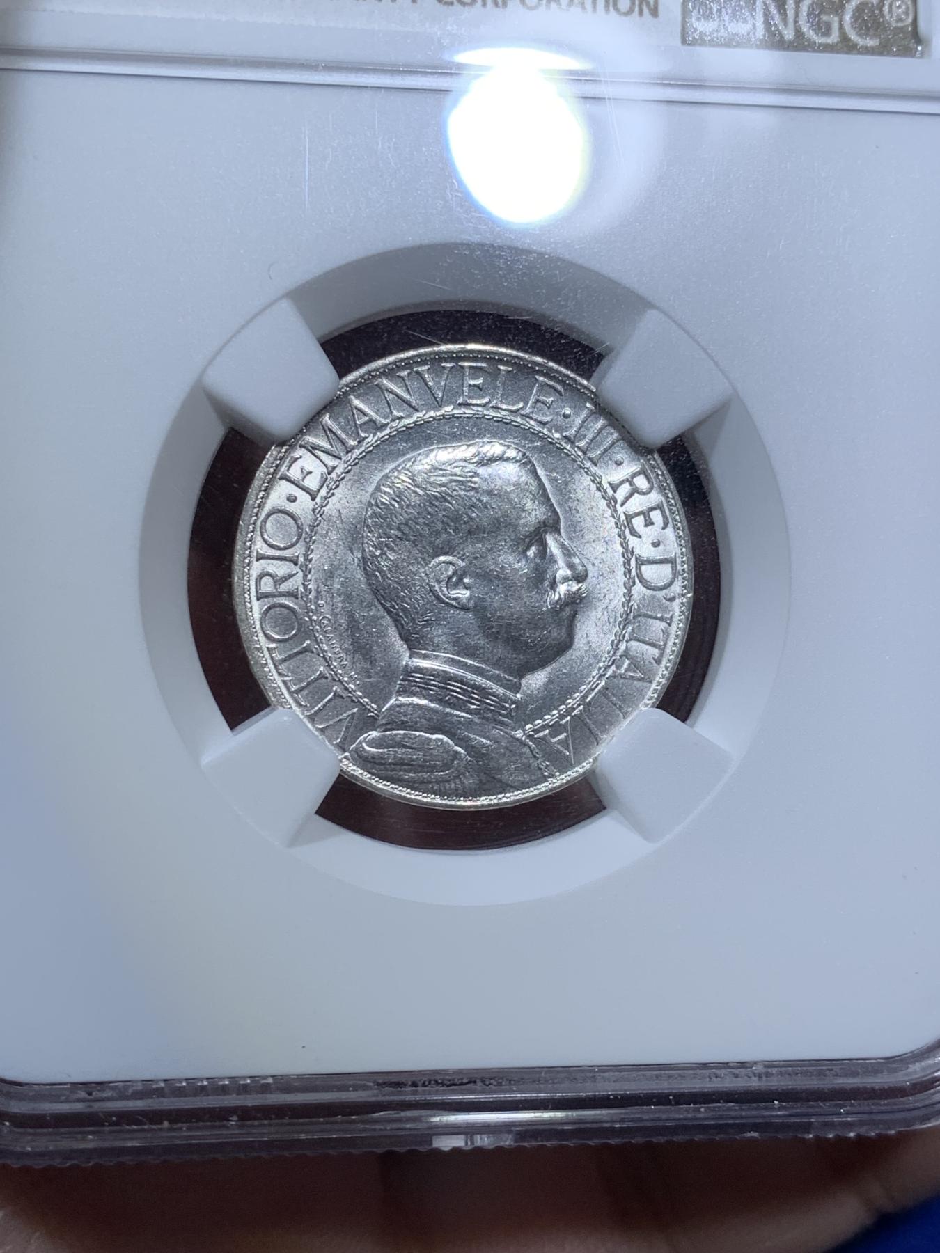 《竞宝斋》第270场- 周日，周一，周二  3场连拍 （全场包邮） NGC MS62 意大利1913年圈版小马车1里拉银币 圈版好品稀少 62已经不容易