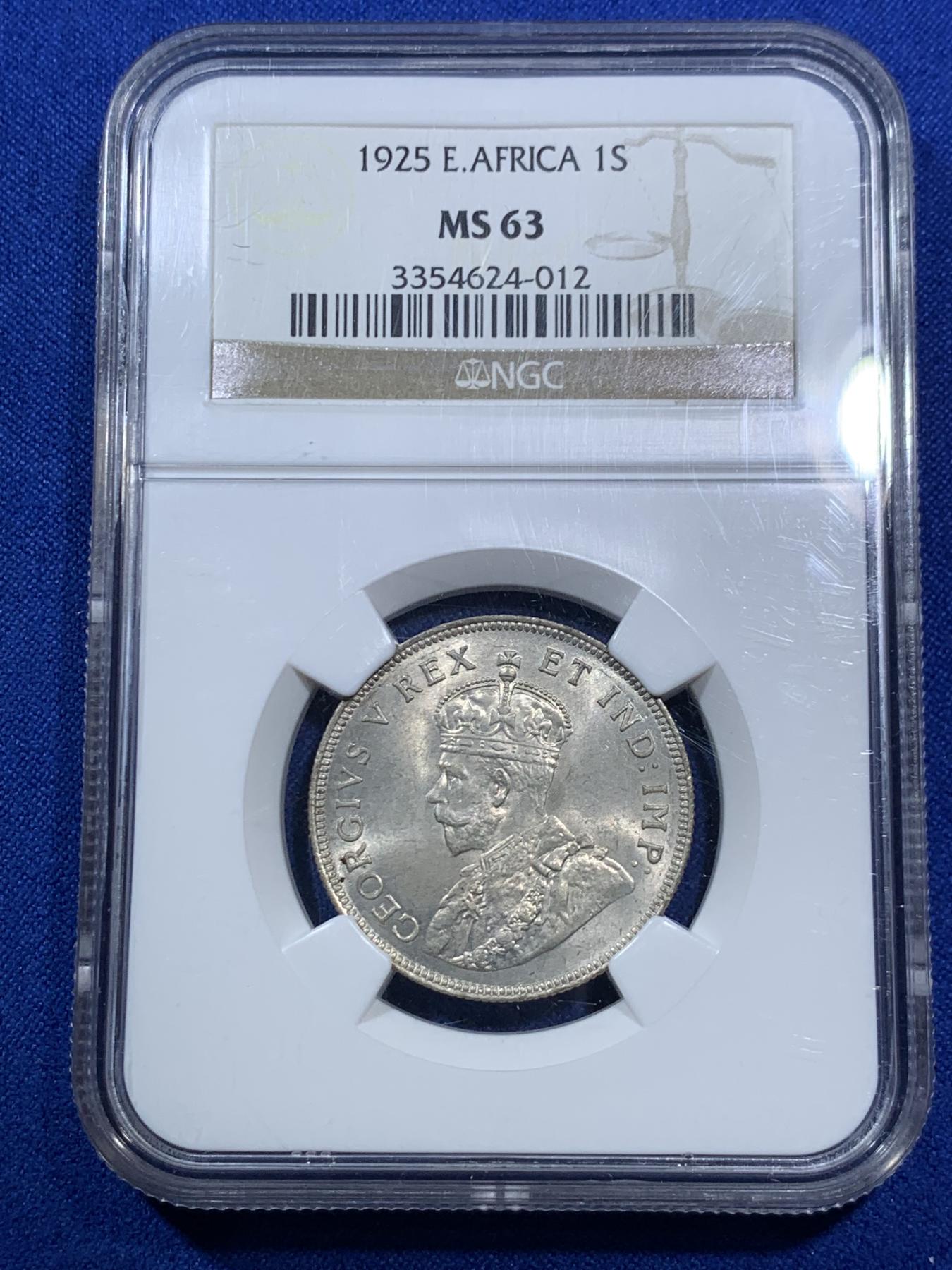 《竞宝斋》第270场- 周日，周一，周二  3场连拍 （全场包邮） NGC MS63 英属东非1925年乔治五世1先令银币 狮子打制的栩栩如生