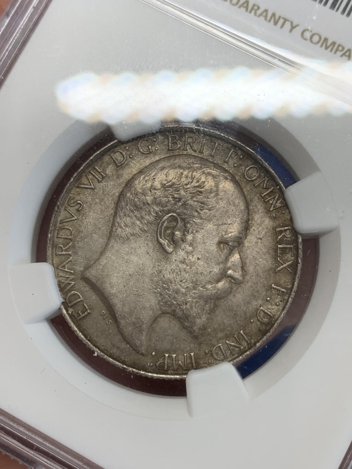 《竞宝斋》第270场- 周日，周一，周二  3场连拍 （全场包邮） NGC AU58 英国1902年爱德华七世海神弗洛林银币 经典品种 有些低评了