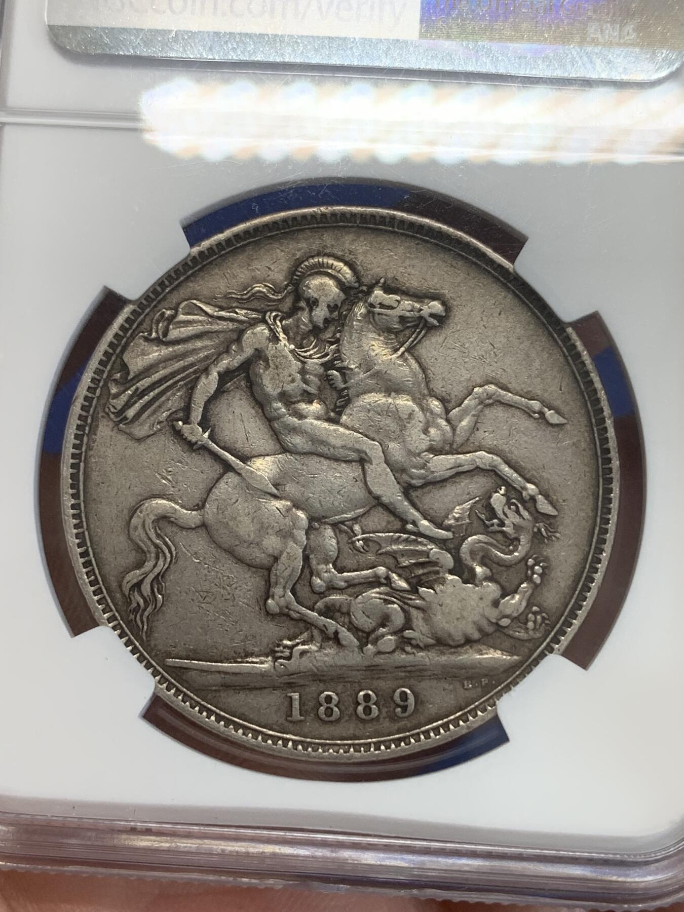 《竞宝斋》第270场- 周日，周一，周二  3场连拍 （全场包邮） NGC XF40 英国1889维多利亚高冠马剑银币