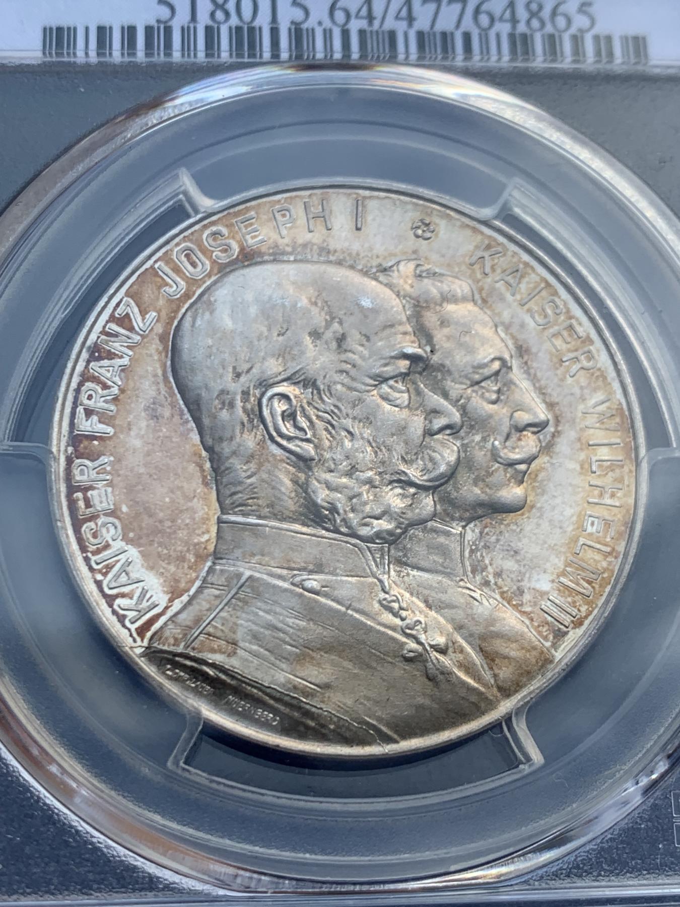 《竞宝斋》第270场- 周日，周一，周二  3场连拍 （全场包邮） PCGS SP64 1914年德国一战弗朗茨和威廉二世德奥同盟银章 镜面底板 品相状态非常好