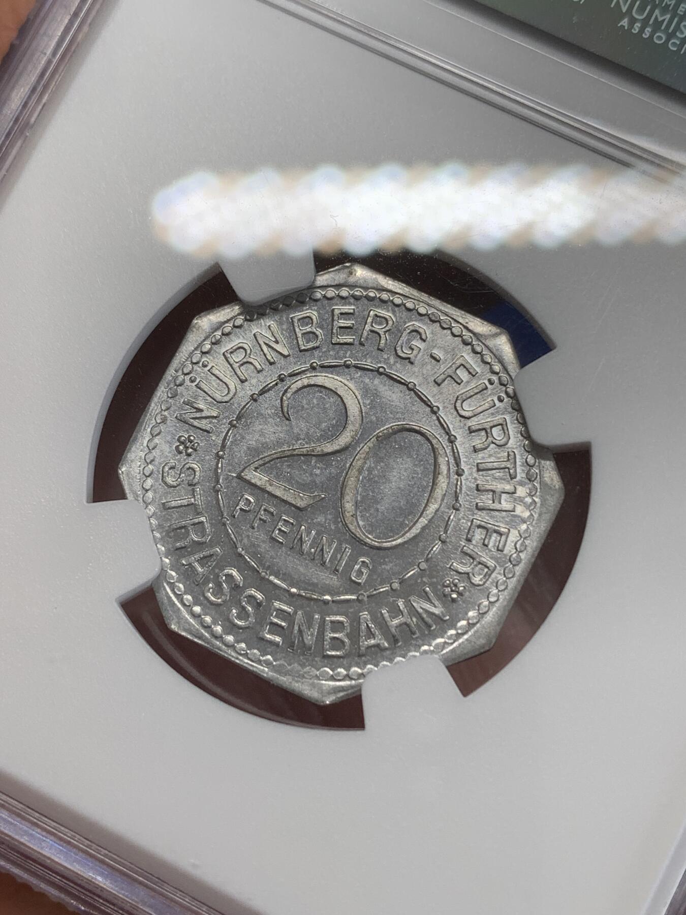 《竞宝斋》第270场- 周日，周一，周二  3场连拍 （全场包邮） NGC MS62 德国德紧纽伦堡电车代用币20芬尼八角币