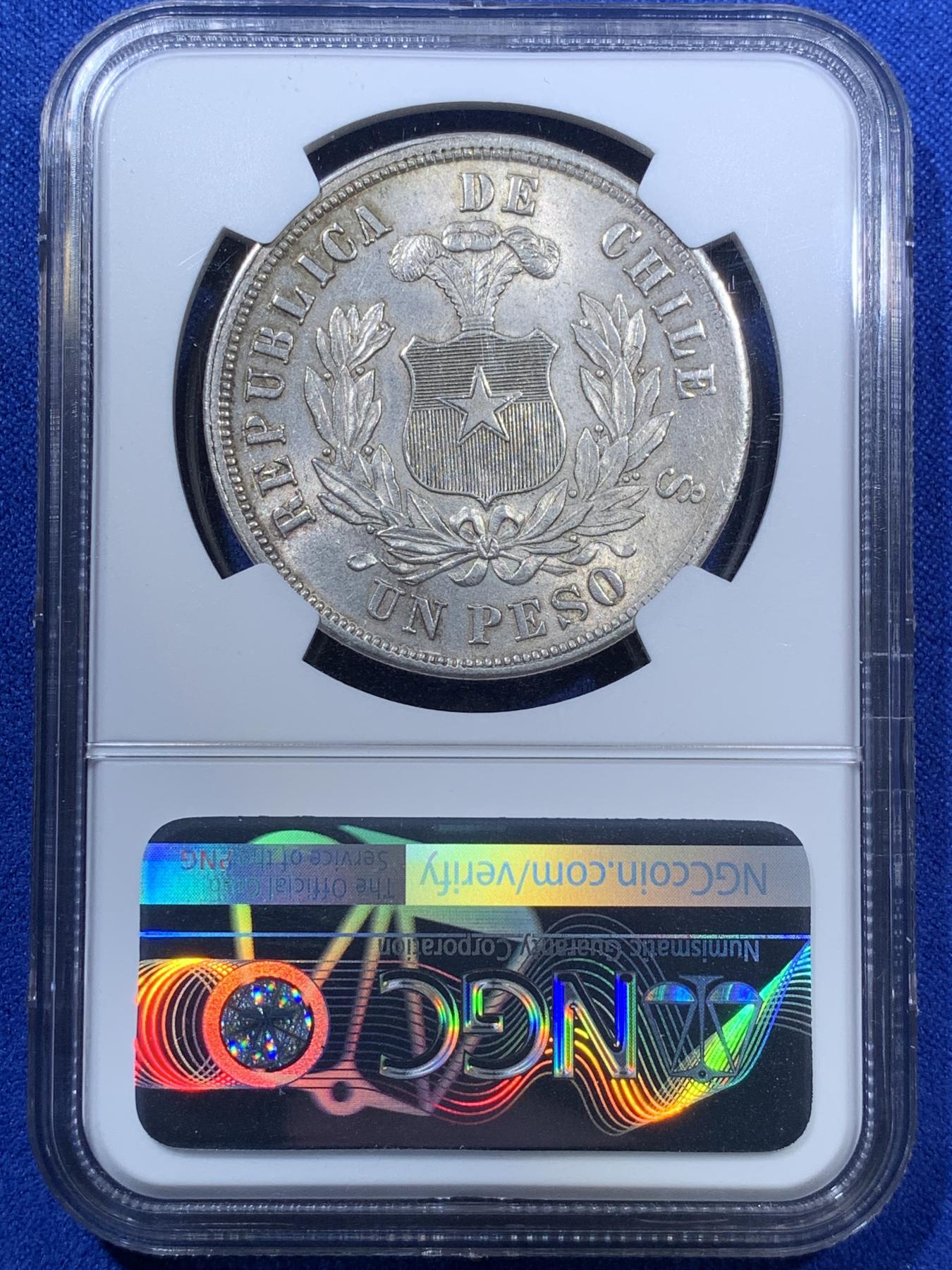 《竞宝斋》第270场- 周日，周一，周二  3场连拍 （全场包邮） NGC MS63 1877年智利秃鹰 1比索 原味包浆细节极好 为1879年硝石战争开始前两年版，比较少见 意义非凡