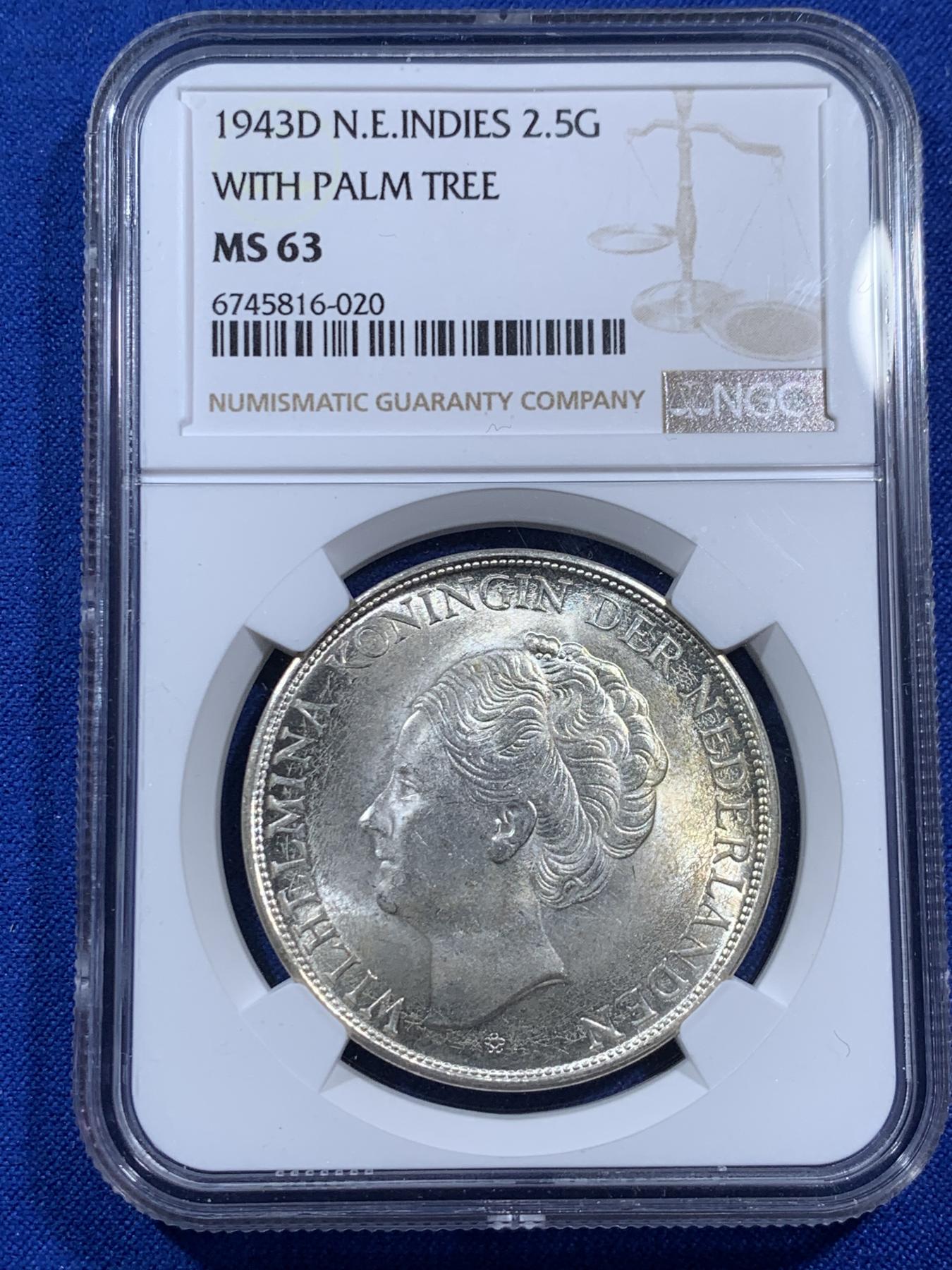 《竞宝斋》第270场- 周日，周一，周二  3场连拍 （全场包邮） NGC MS63 荷属东印度1943年D版威廉明娜2.5盾银币 难得高分 仅发行1943 原汁原味老包浆 包浆醇厚 获得更高的评分数目才区区39枚