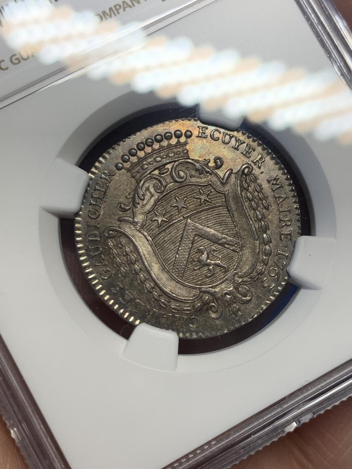 《竞宝斋》第271场-八角与章专场 周日，周一，周二  3场连拍 （全场包邮） NGC-MS63 法国1763年昂热市市长查尔斯·戈迪歇家族纹章银质代币