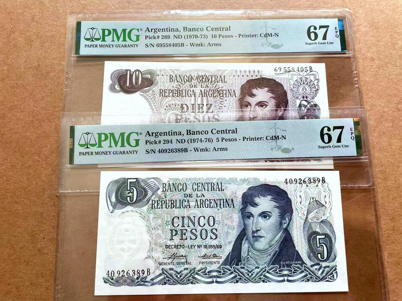 【Blue Auction】✨世界纸币精拍第479期【精】 【一组2张】阿根廷 1970-76年5-10比索  PMG67EPQ 高分