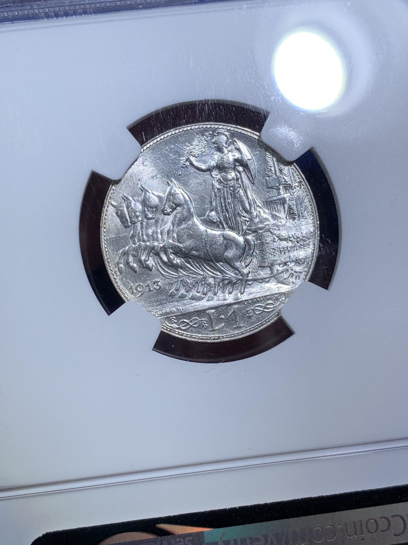 《竞宝斋》第270场- 周日，周一，周二  3场连拍 （全场包邮） NGC MS62 意大利1913年圈版小马车1里拉银币 圈版好品稀少 62已经不容易