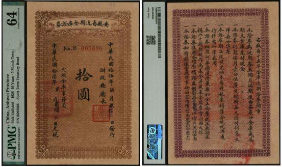 恩福第2024年春季拍卖 民国十五年（1926年）安徽省近期金库证券拾圆，PMG64
