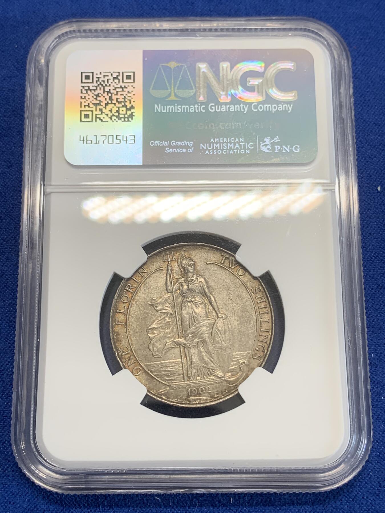 《竞宝斋》第270场- 周日，周一，周二  3场连拍 （全场包邮） NGC AU58 英国1902年爱德华七世海神弗洛林银币 经典品种 有些低评了