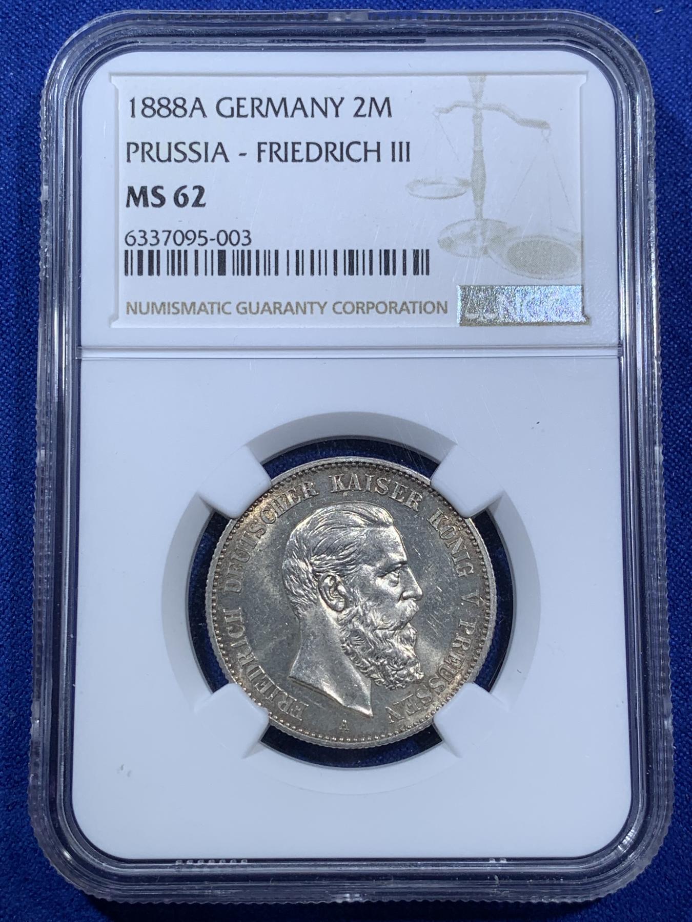 《竞宝斋》第270场- 周日，周一，周二  3场连拍 （全场包邮） NGC MS62 德意志帝国 1888年 2马克 银币