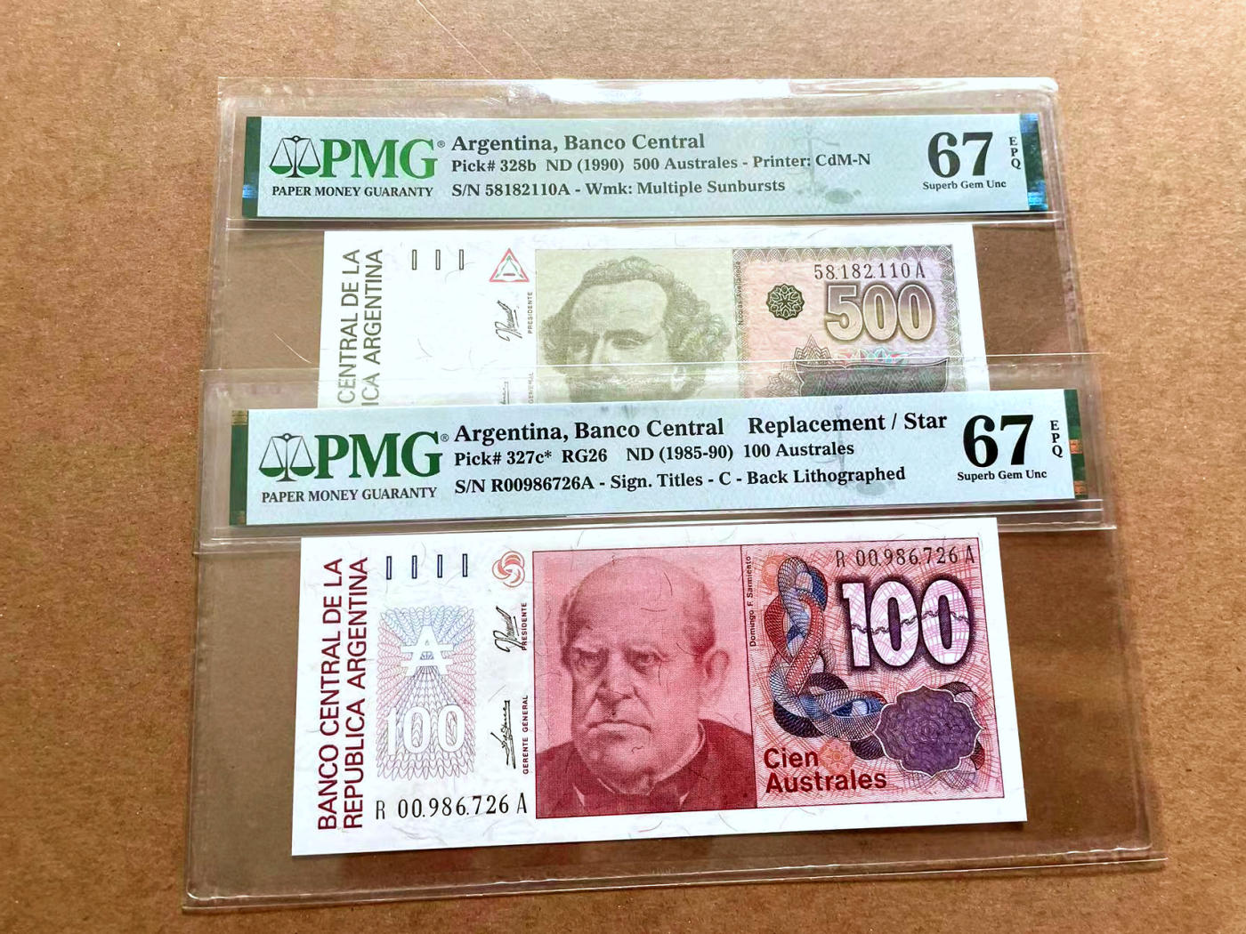 【Blue Auction】✨世界纸币精拍第479期【精】 【一组2张 含补号】阿根廷 1985-90年100-500 Australes  PMG67EPQ 高分