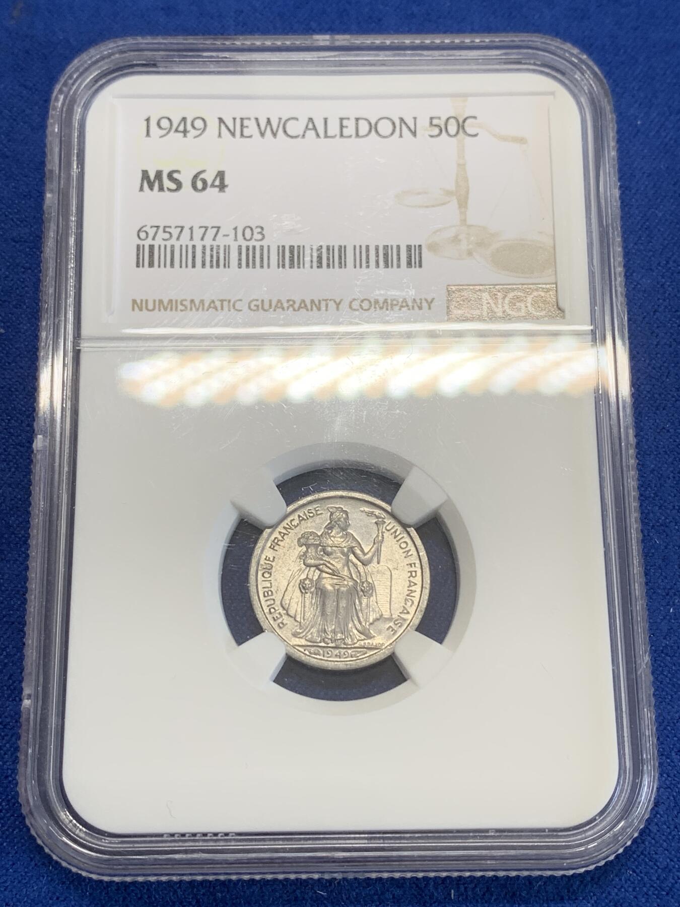 《竞宝斋》第270场- 周日，周一，周二  3场连拍 （全场包邮） NGC MS64 法属新喀里多尼亚1949年50C铝币