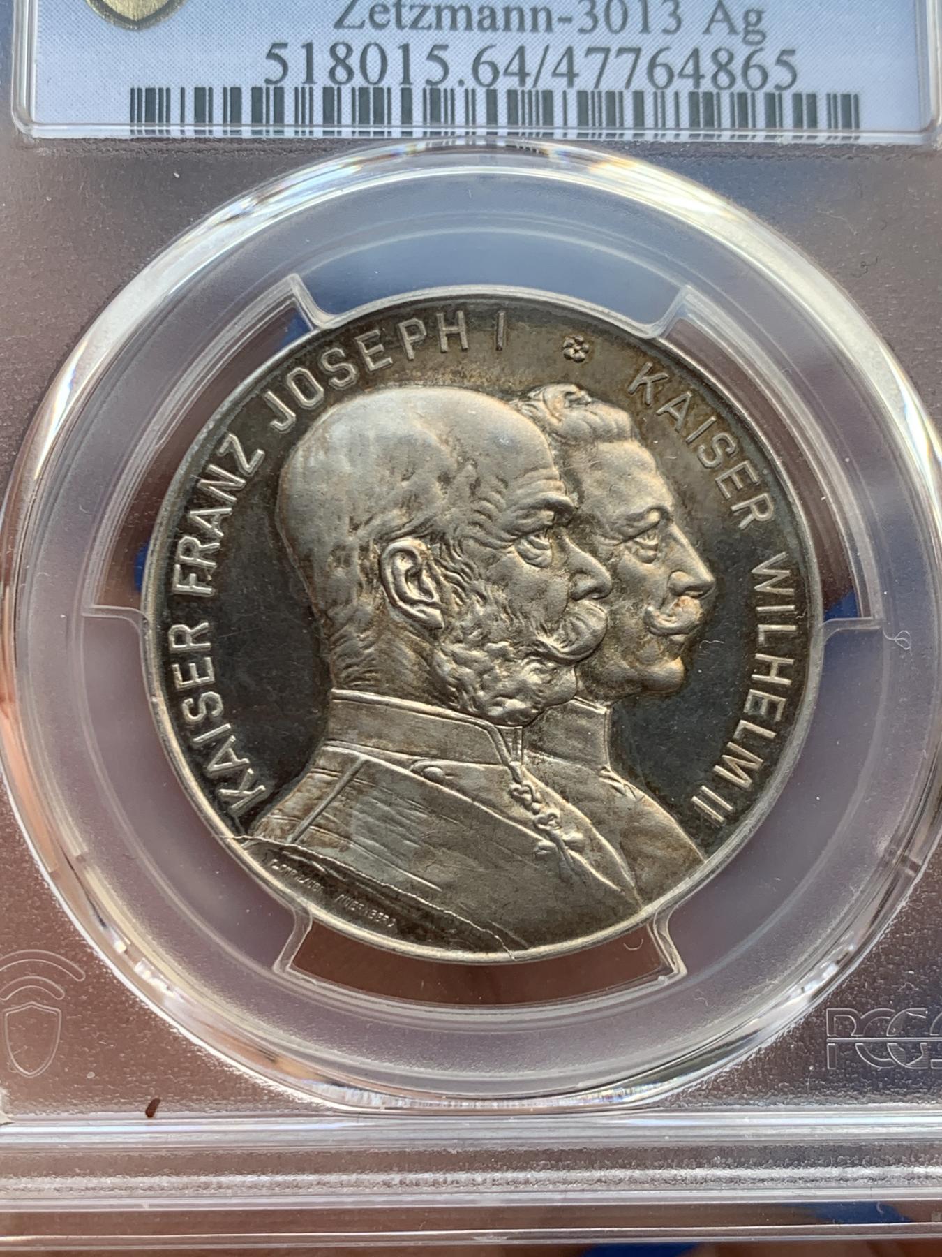 《竞宝斋》第270场- 周日，周一，周二  3场连拍 （全场包邮） PCGS SP64 1914年德国一战弗朗茨和威廉二世德奥同盟银章 镜面底板 品相状态非常好