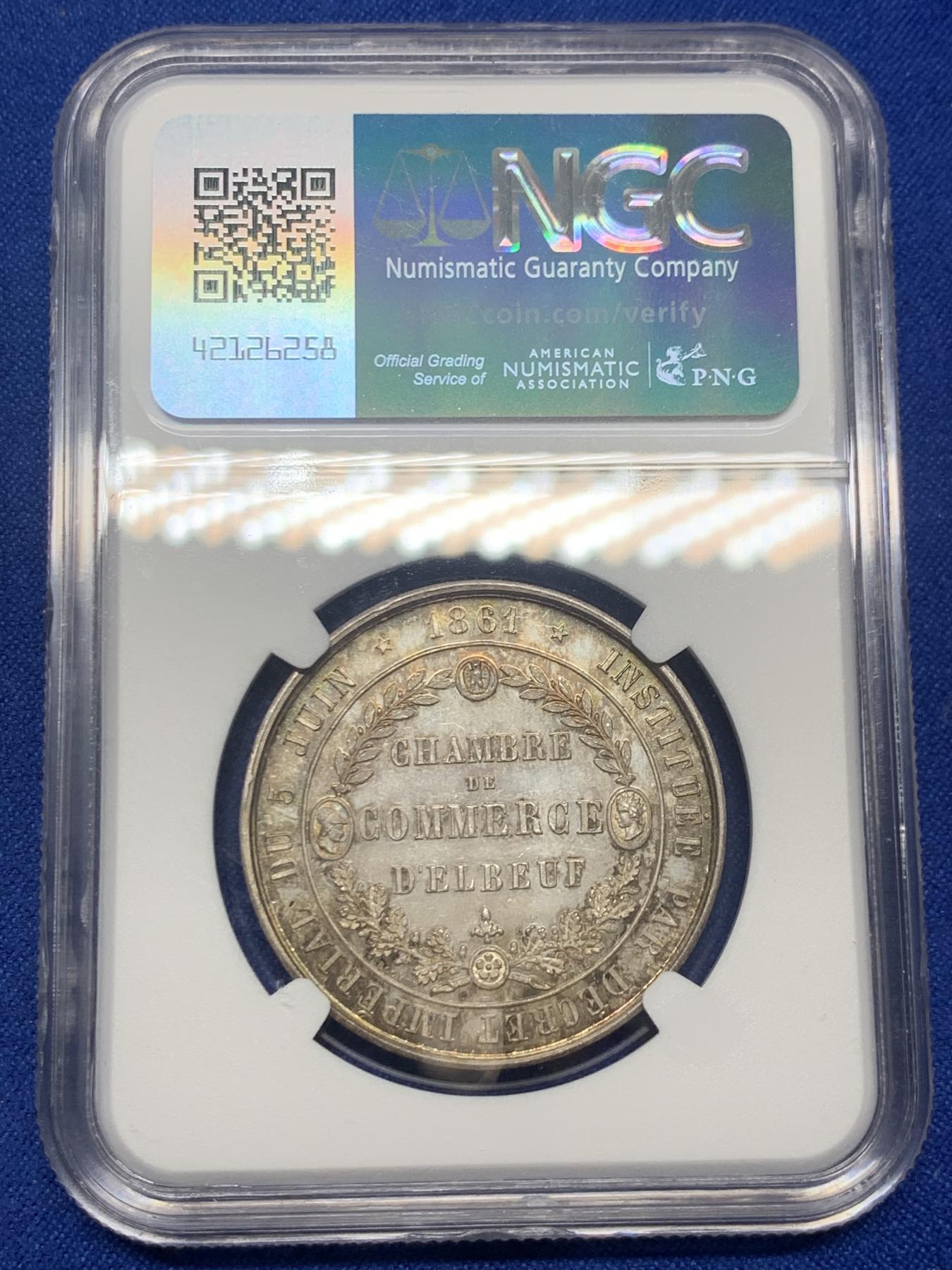 《竞宝斋》第271场-八角与章专场 周日，周一，周二  3场连拍 （全场包邮） NGC-MS65 法国埃尔伯夫商会银质jeton