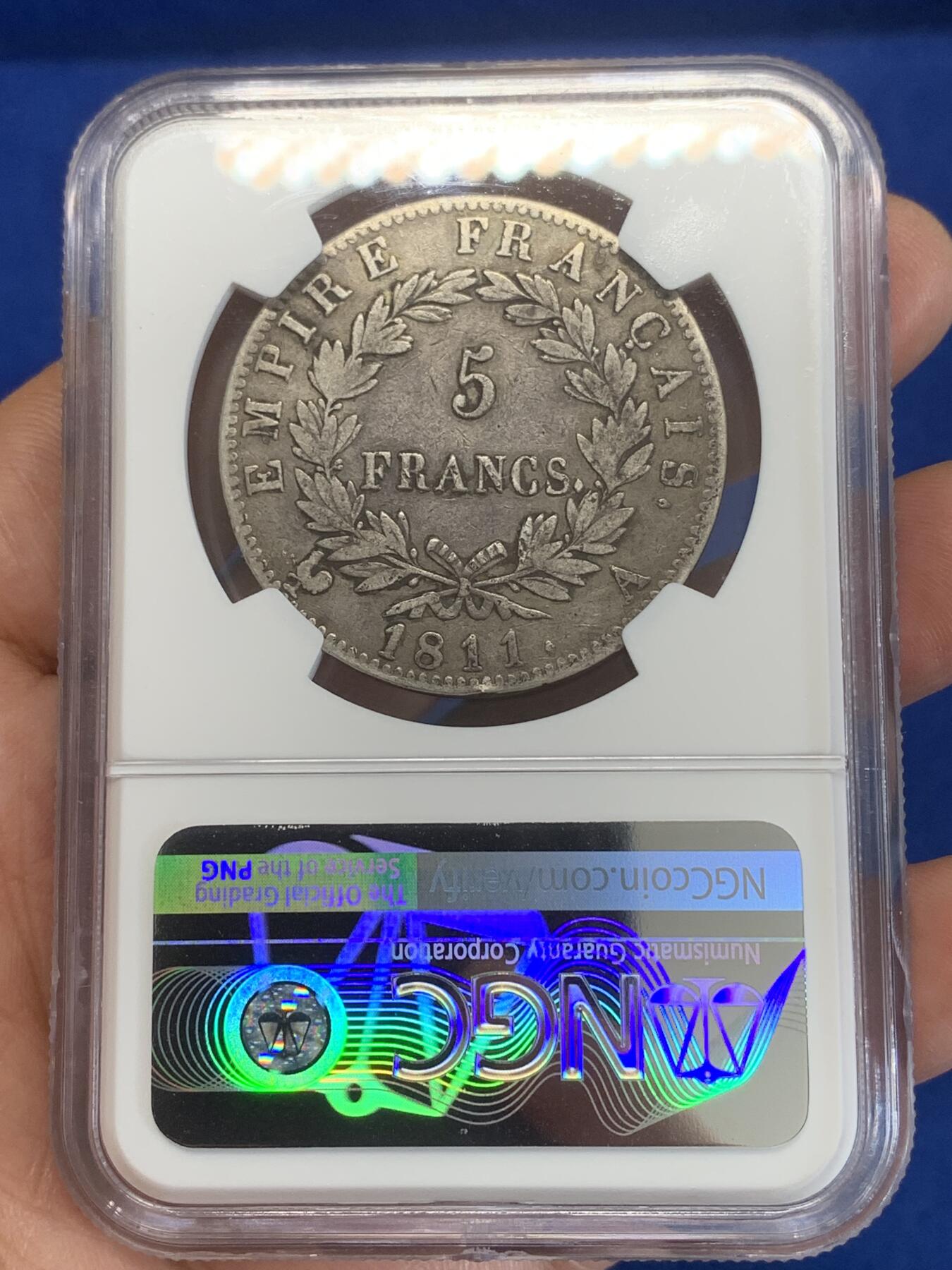 《竞宝斋》第270场- 周日，周一，周二  3场连拍 （全场包邮） NGC XF40 法国1811拿破仑一世5法郎银币