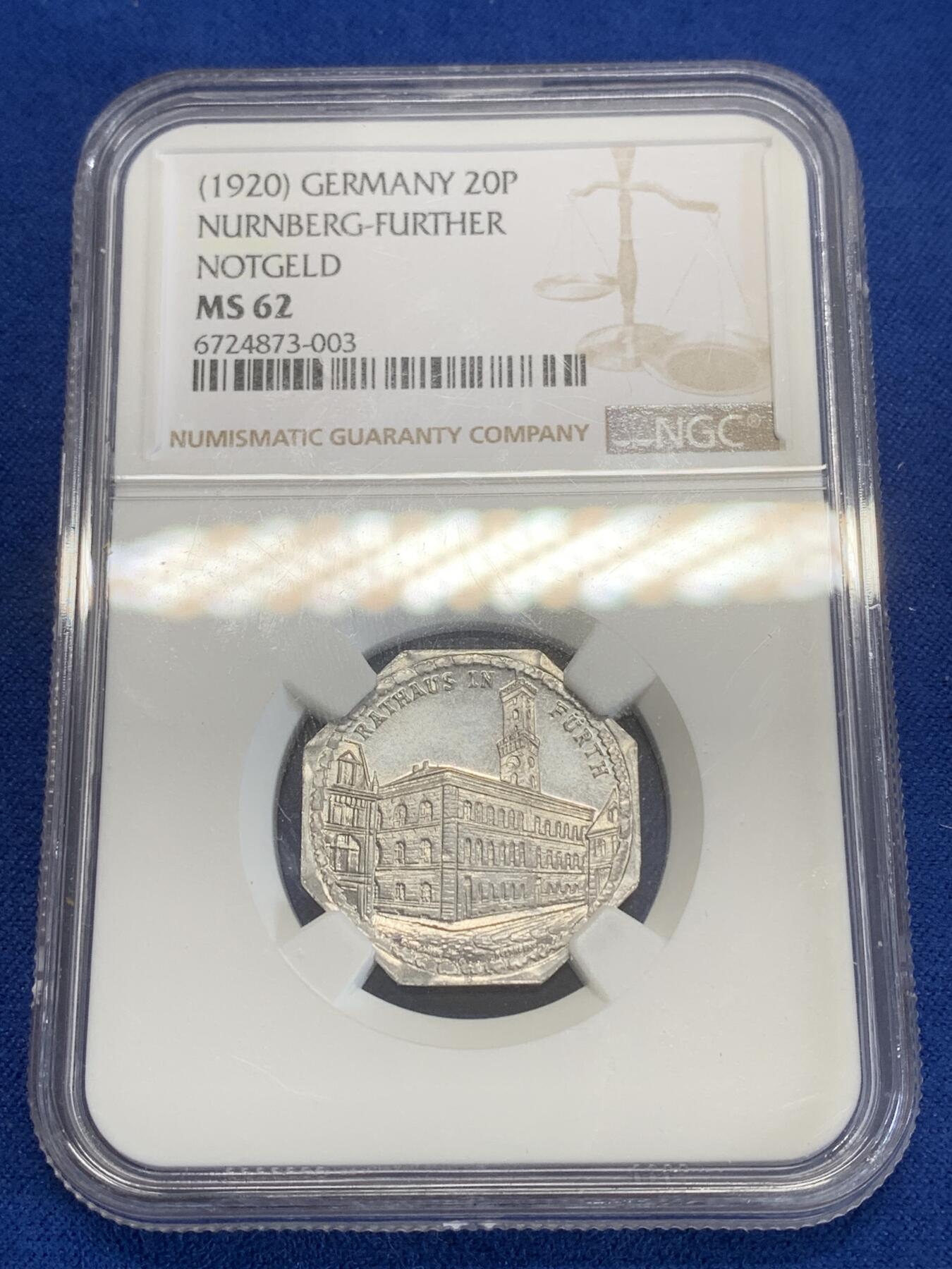 《竞宝斋》第270场- 周日，周一，周二  3场连拍 （全场包邮） NGC MS62 德国德紧纽伦堡电车代用币20芬尼八角币