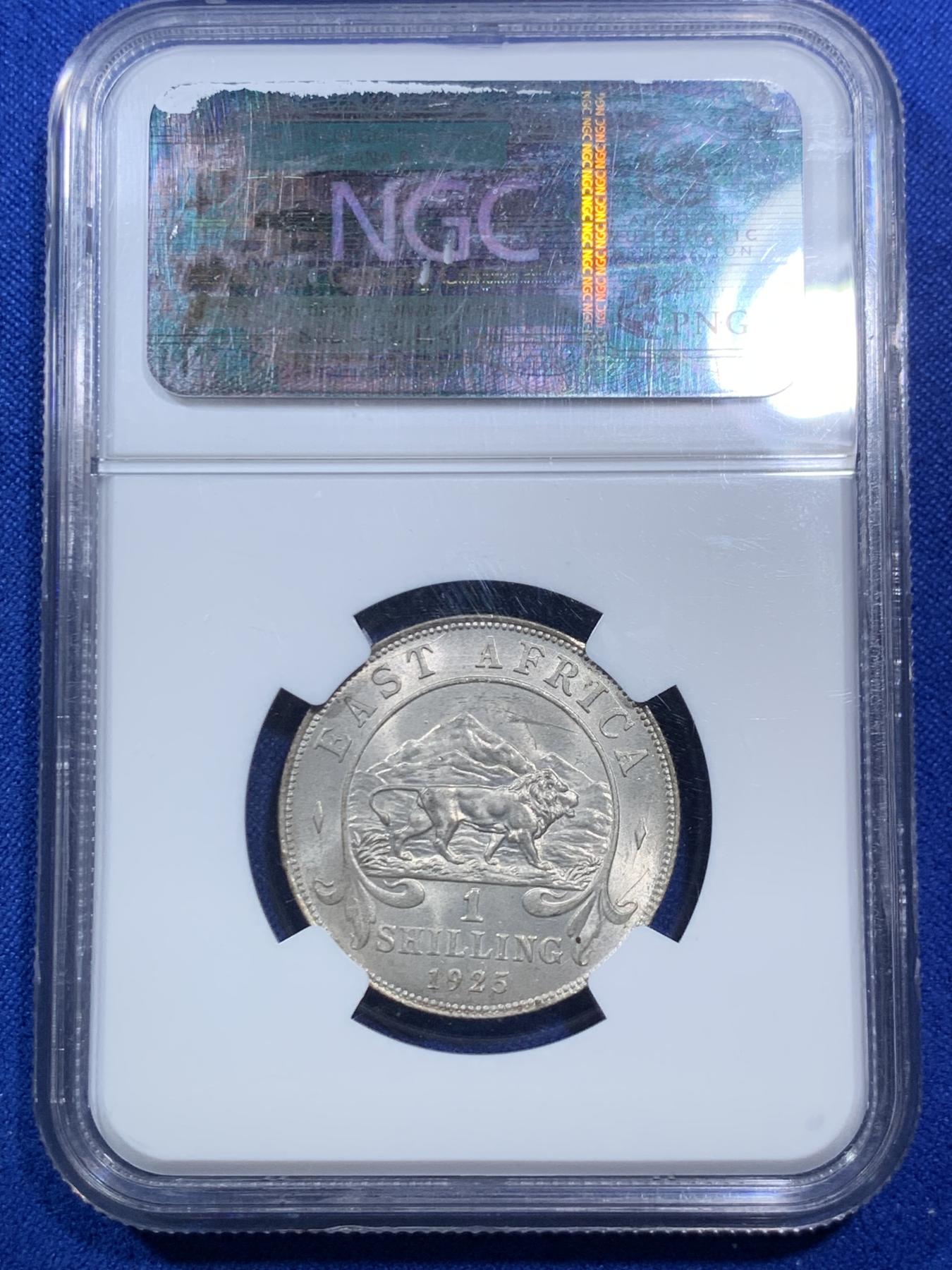 《竞宝斋》第270场- 周日，周一，周二  3场连拍 （全场包邮） NGC MS63 英属东非1925年乔治五世1先令银币 狮子打制的栩栩如生