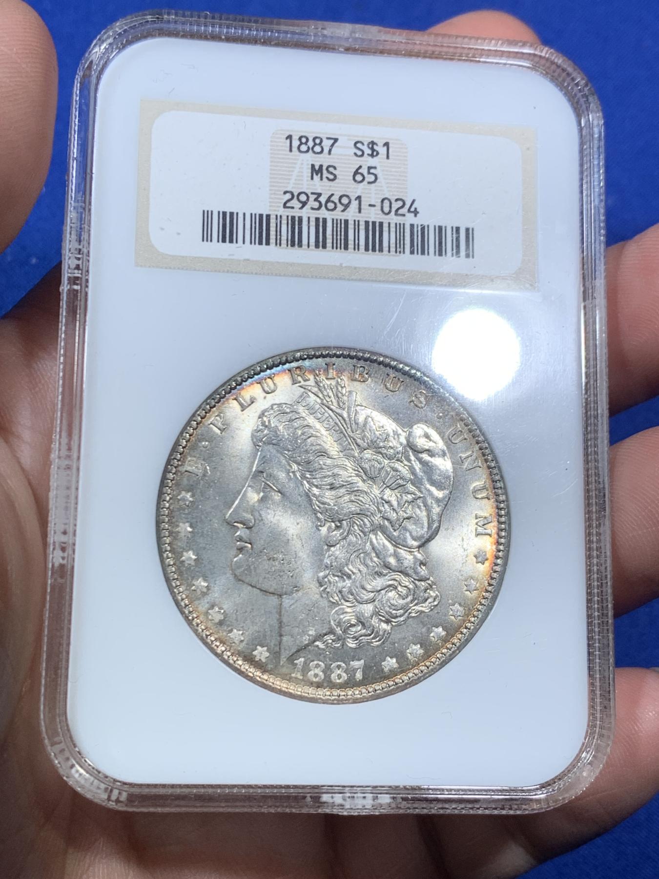 《竞宝斋》第270场- 周日，周一，周二  3场连拍 （全场包邮） NGC MS65 美国 1887年 摩根银币 环彩 状态好