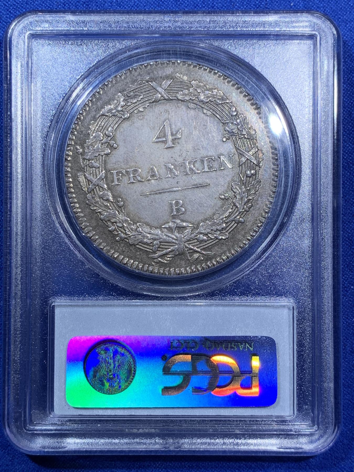 《竞宝斋》第270场- 周日，周一，周二  3场连拍 （全场包邮） PCGS AU58  瑞士 1801 海尔维蒂共和国 4法郎 银币 稀少首见品种