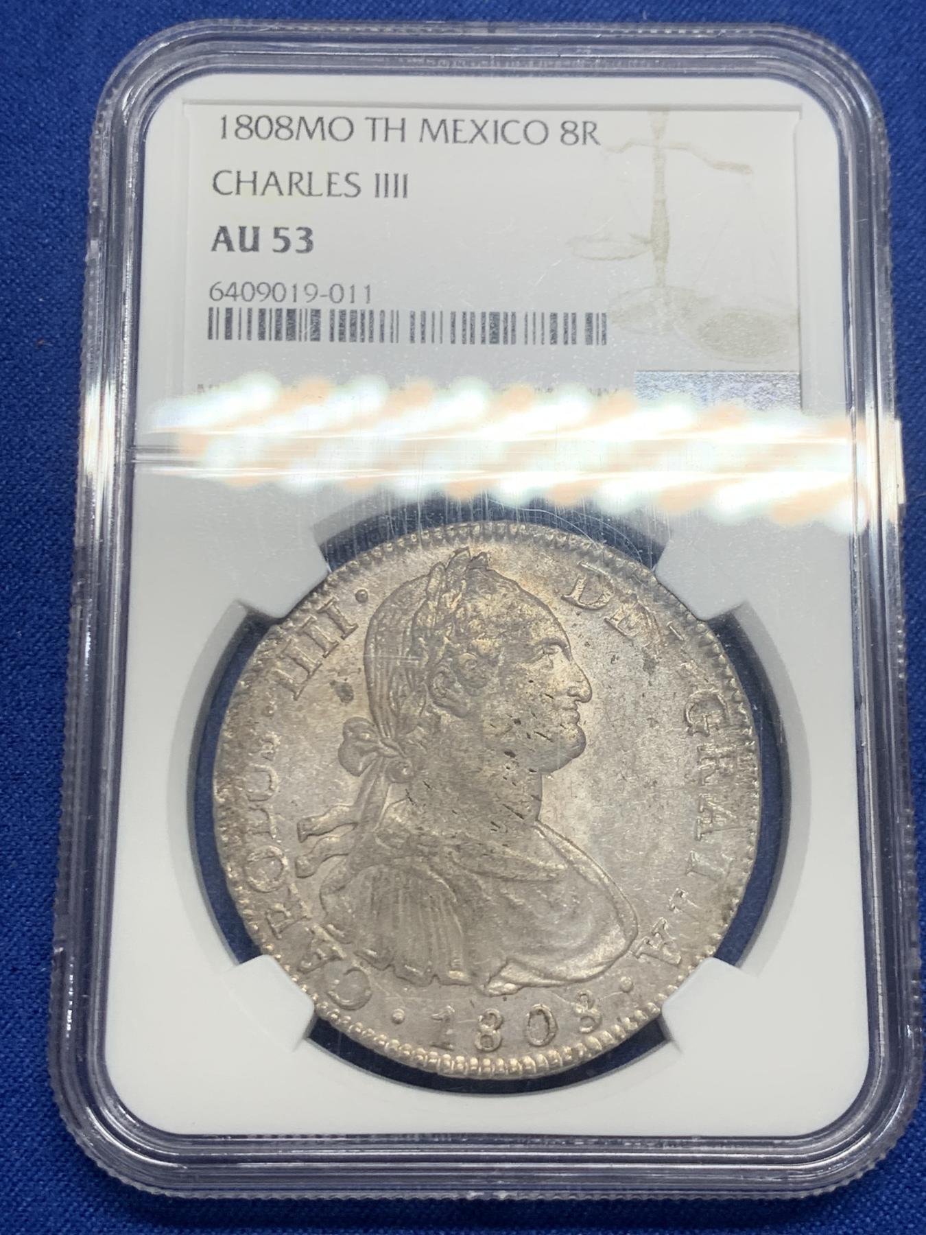 《竞宝斋》第270场- 周日，周一，周二  3场连拍 （全场包邮） NGC AU53 西属墨西哥1808年卡洛斯四世双柱 压印清晰 底板带光 AU佳品