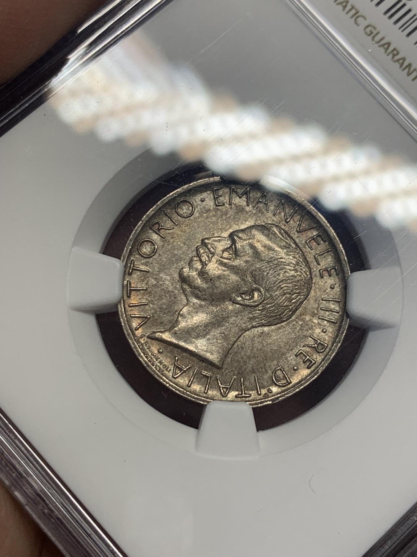 《竞宝斋》第270场- 周日，周一，周二  3场连拍 （全场包邮） NGC MS63 意大利1929年5里拉银币双星版 带彩老包浆 鹰羽纤毫毕现 状态不错