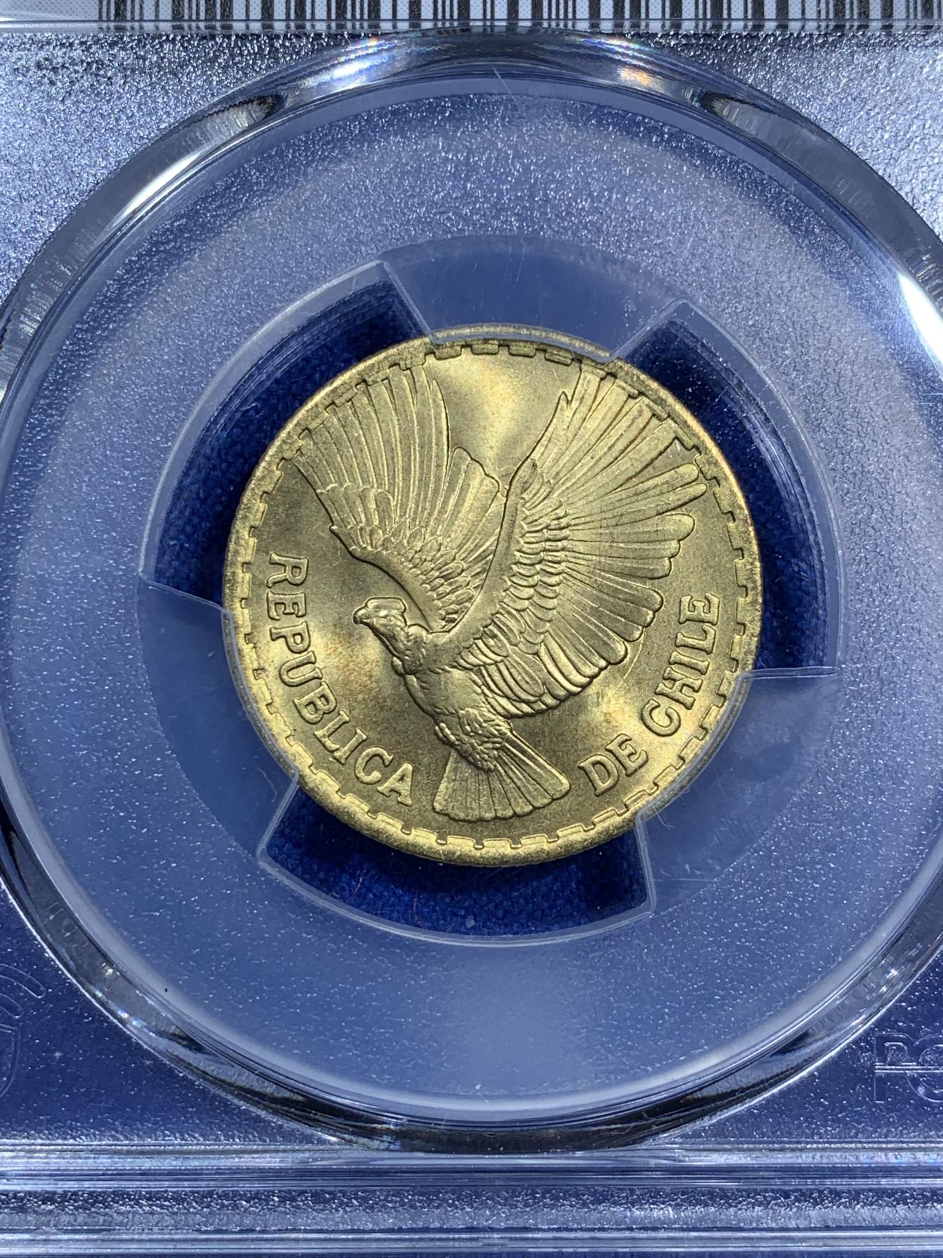 《竞宝斋》第270场- 周日，周一，周二  3场连拍 （全场包邮） PCGS金盾 MS67 智利高分飞鹰1965年5分铜币 冠军分