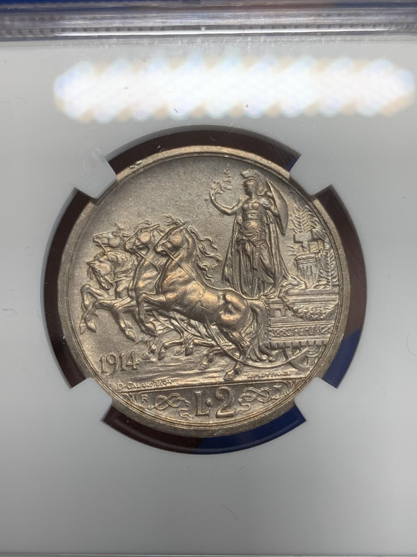 《竞宝斋》第270场- 周日，周一，周二  3场连拍 （全场包邮） NGC UNCD 意大利1914年马车2里拉银币