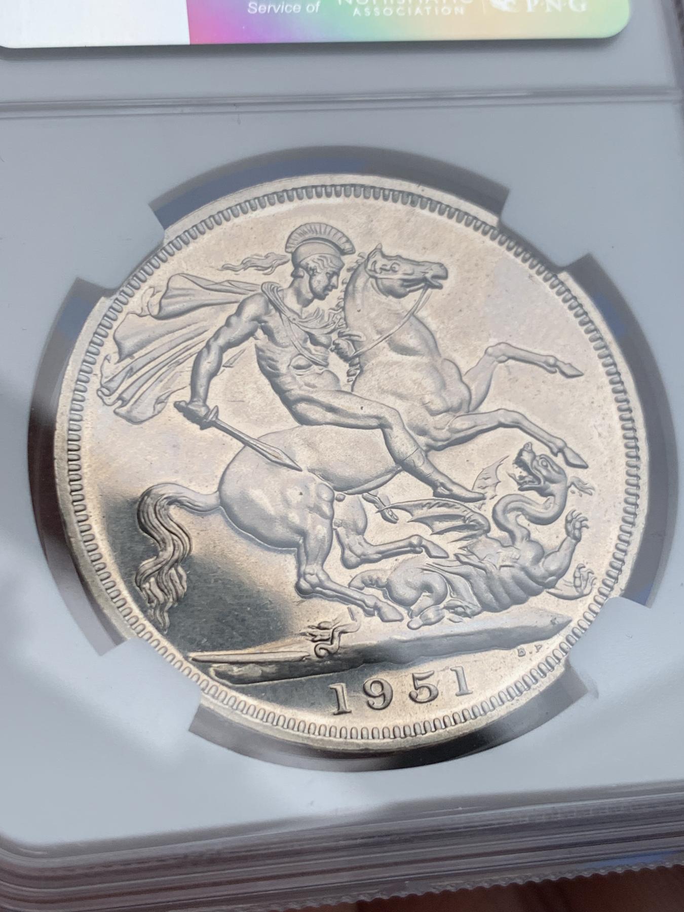 《竞宝斋》第270场- 周日，周一，周二  3场连拍 （全场包邮） NGC PL63 英国1951年乔治六世1克朗镍马剑 状态不错