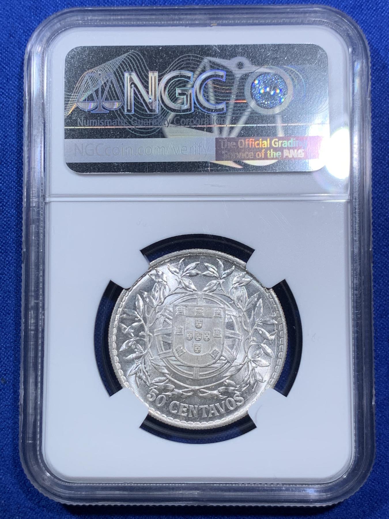 《竞宝斋》第270场- 周日，周一，周二  3场连拍 （全场包邮） NGC MS64 葡萄牙1916年50C半圆银币 十字银光 卷拆品质 非常漂亮 葡萄牙女神凑套必备 64收藏级高分