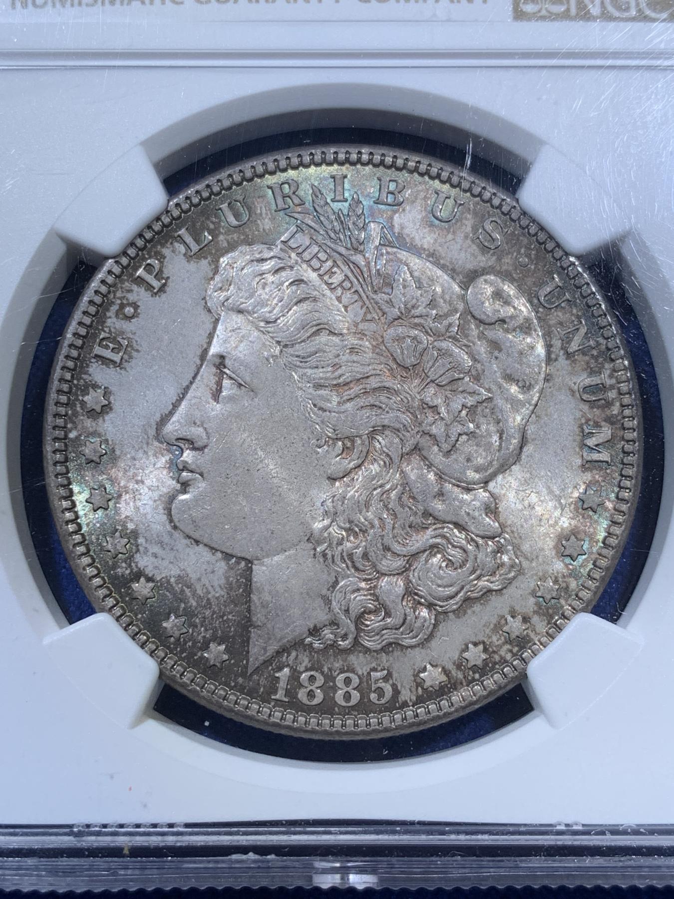 《竞宝斋》第270场- 周日，周一，周二  3场连拍 （全场包邮） NGC MS63 美国1885年摩根银币P版 原汁原味双面五彩老包浆 略为低评