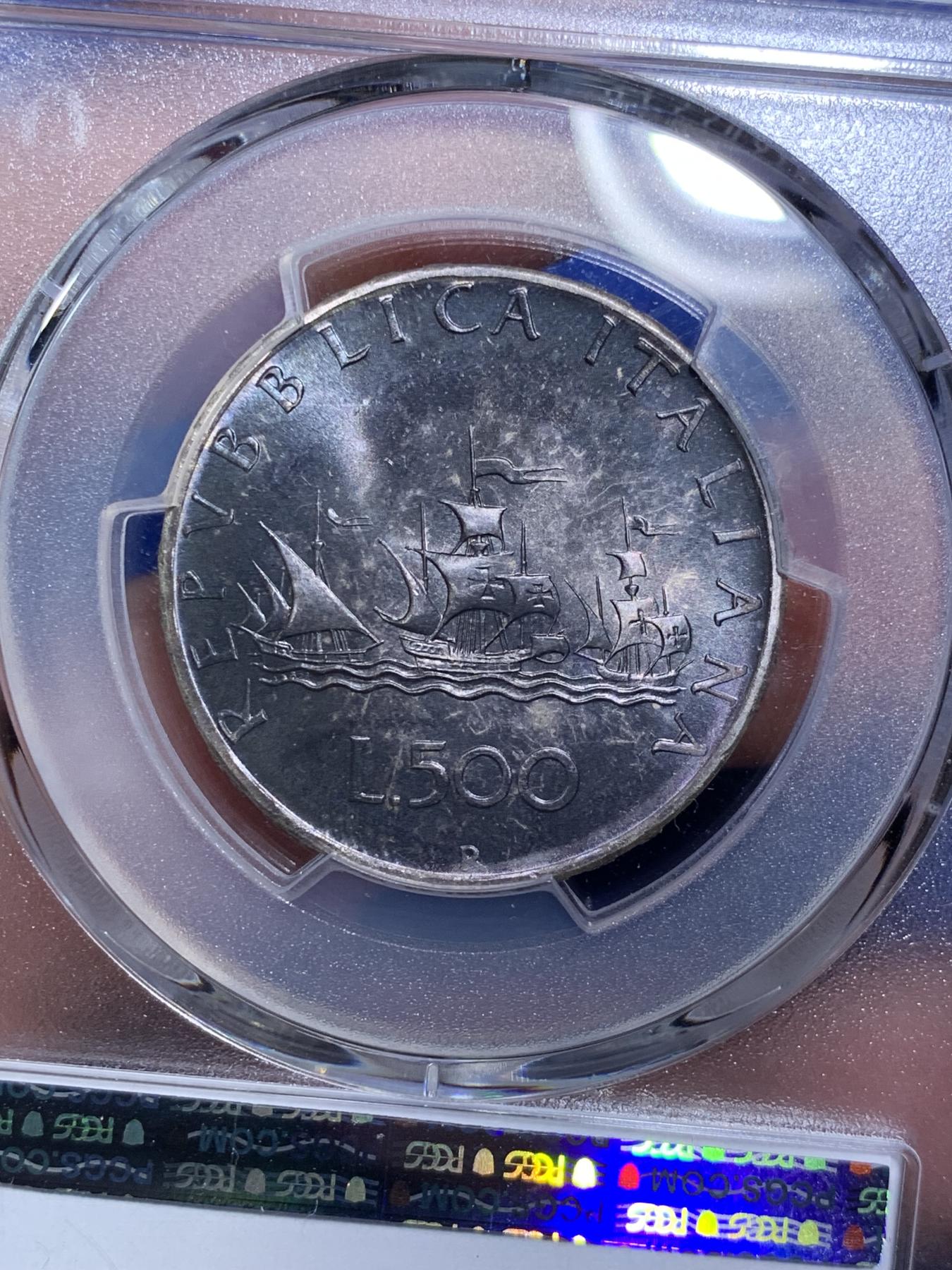 《竞宝斋》第270场- 周日，周一，周二  3场连拍 （全场包邮） PCGS MS66 意大利1970年500里拉人妻帆船银币 双面黑彩重包浆 高分好味道