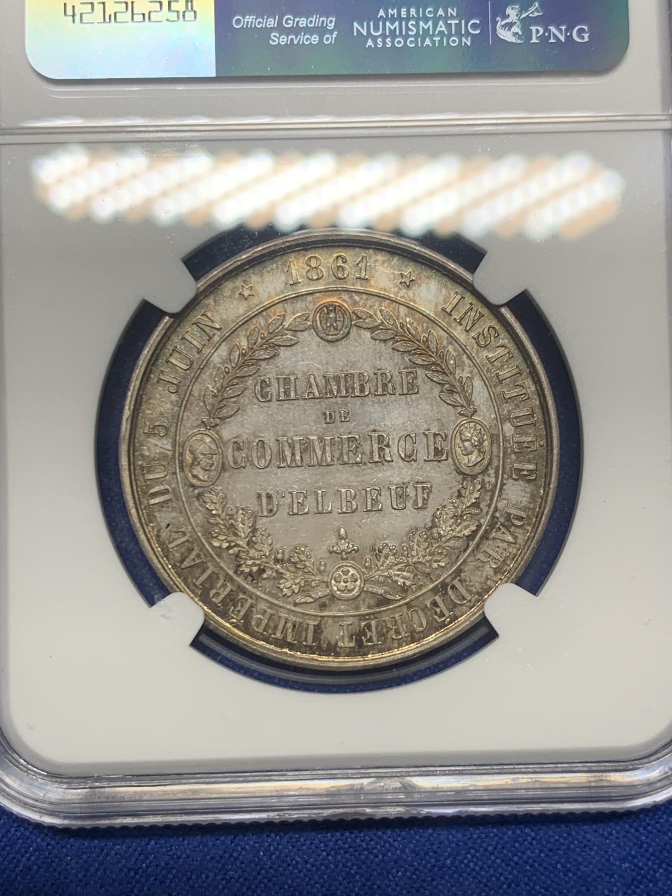 《竞宝斋》第271场-八角与章专场 周日，周一，周二  3场连拍 （全场包邮） NGC-MS65 法国埃尔伯夫商会银质jeton