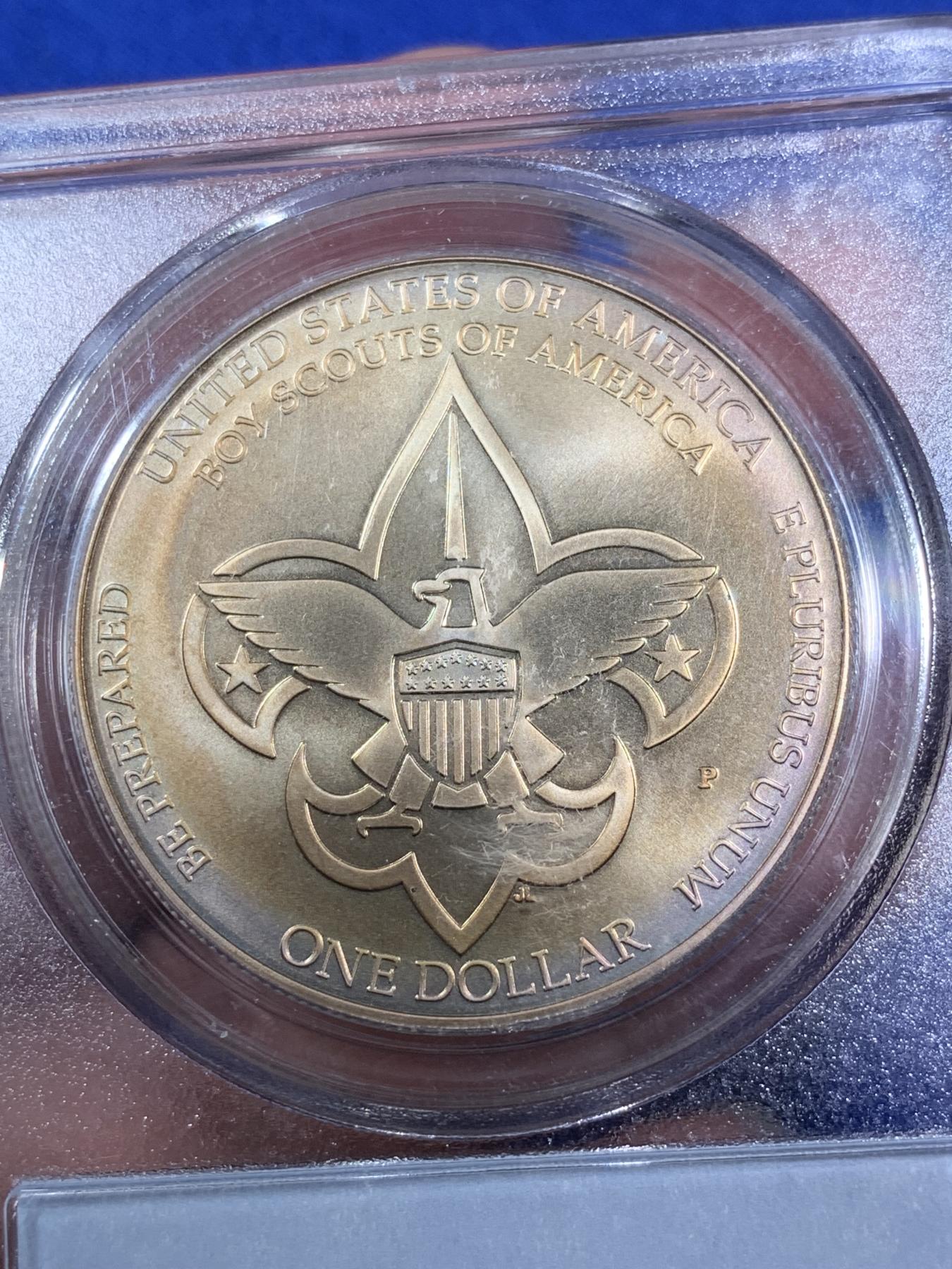 《竞宝斋》第270场- 周日，周一，周二  3场连拍 （全场包邮） PCGS MS69 美国2010年男童子军纪念银币 双面金黄色包浆很漂亮 秒杀普通白币