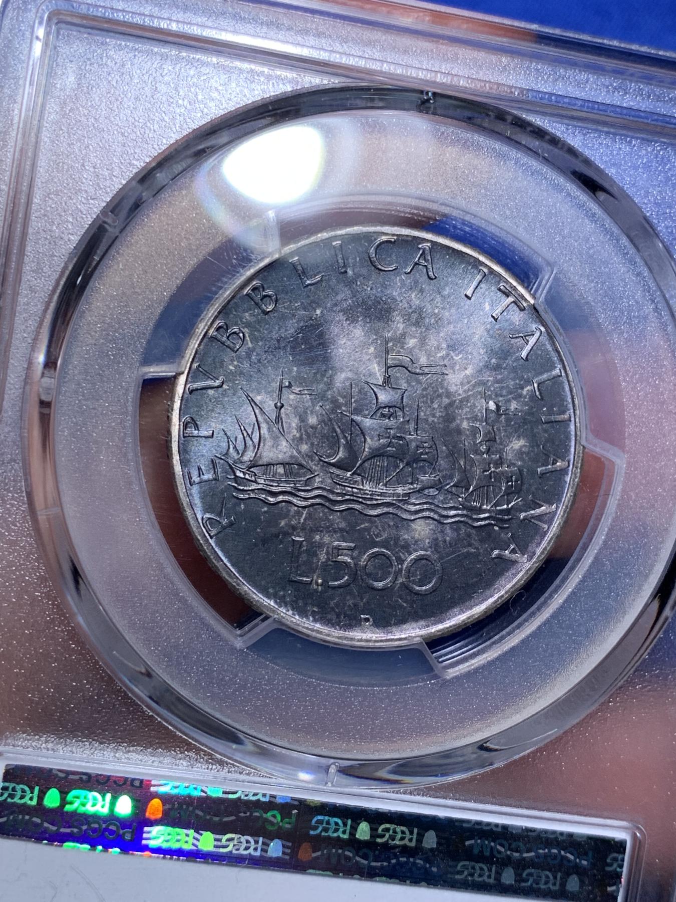 《竞宝斋》第270场- 周日，周一，周二  3场连拍 （全场包邮） PCGS MS66 意大利1970年500里拉人妻帆船银币 双面黑彩重包浆 高分好味道