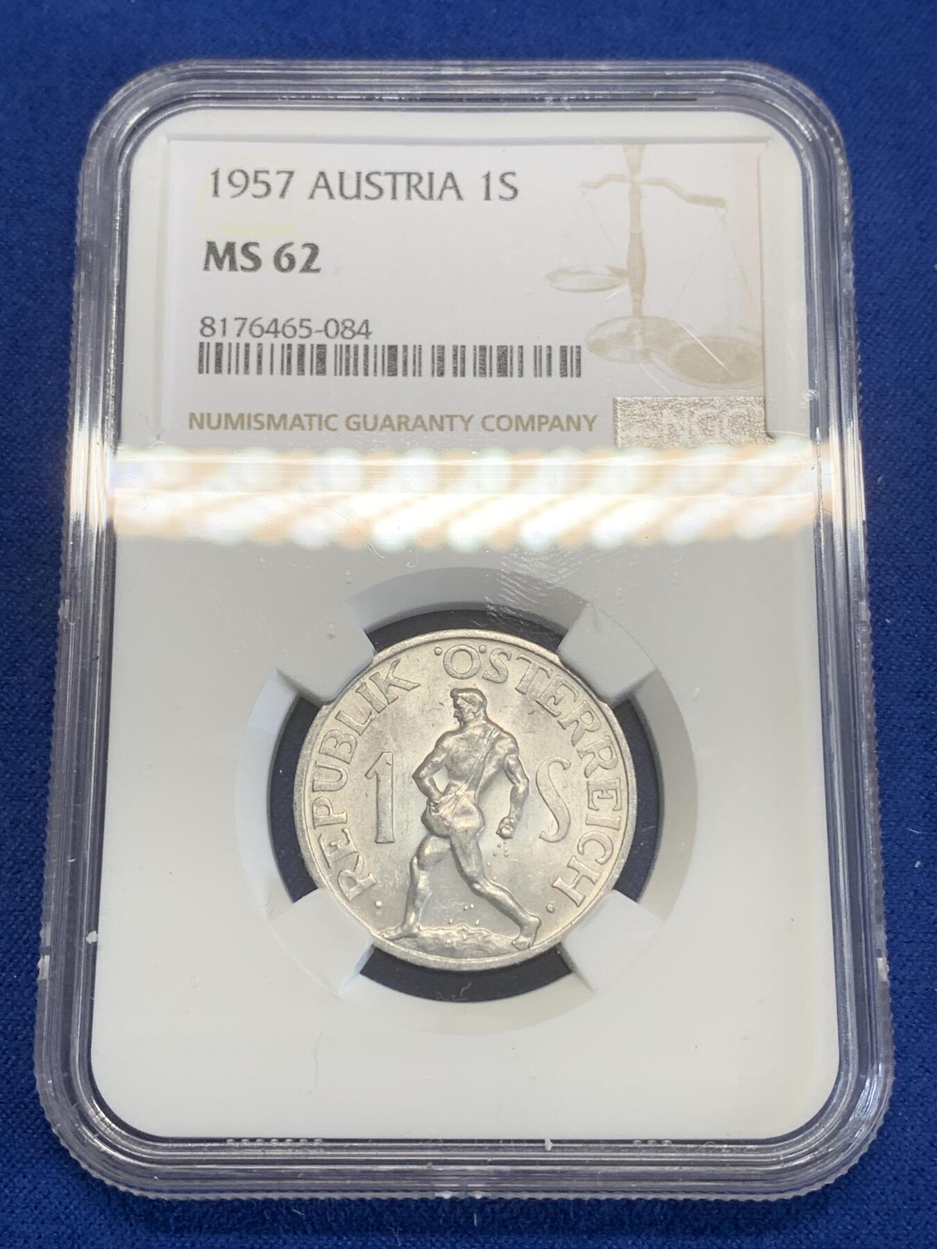 《竞宝斋》第270场- 周日，周一，周二  3场连拍 （全场包邮） NGC MS62 奥地利 1957年 裸男 播种 1先令铝币