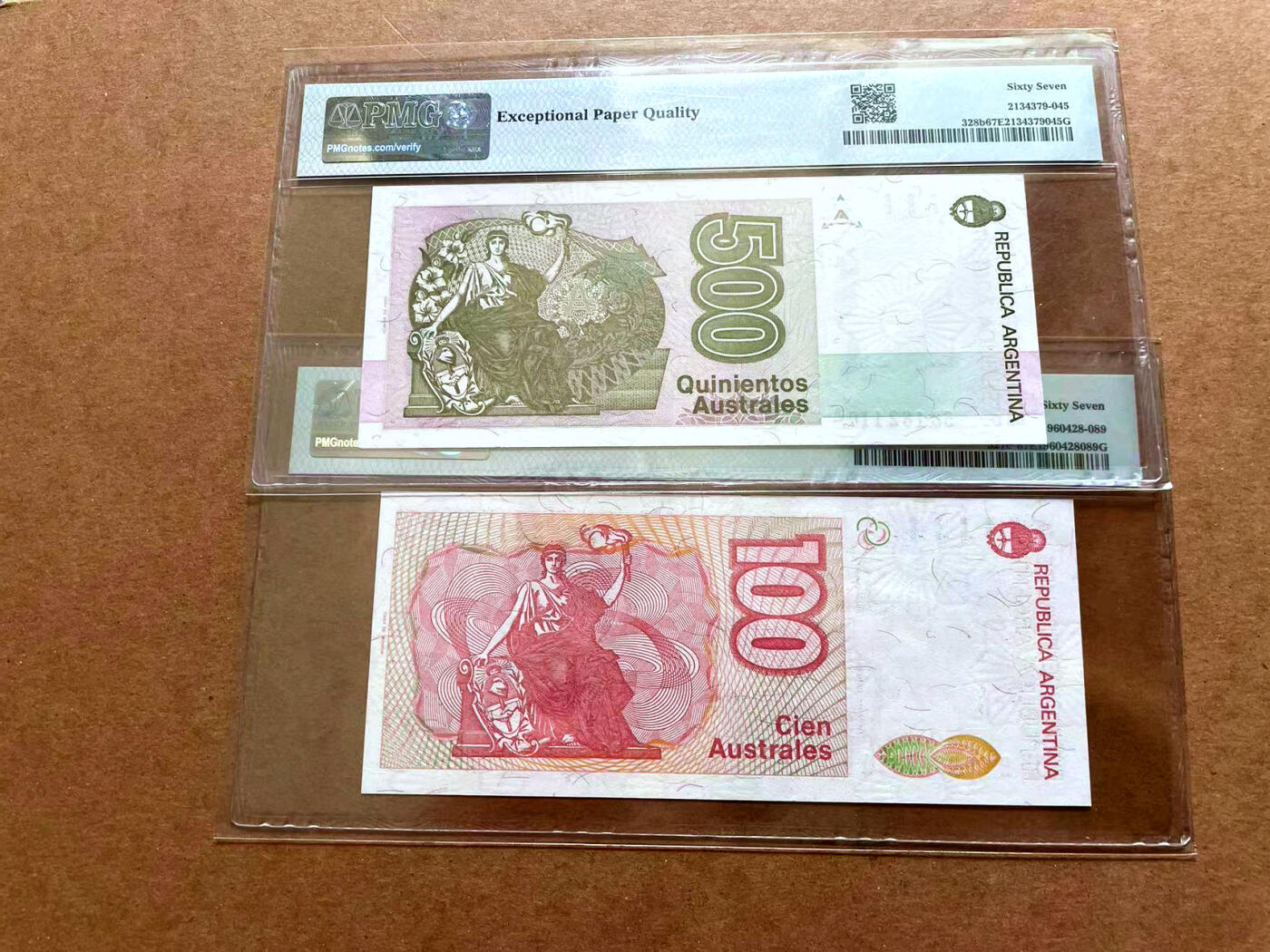 【Blue Auction】✨世界纸币精拍第479期【精】 【一组2张 含补号】阿根廷 1985-90年100-500 Australes  PMG67EPQ 高分