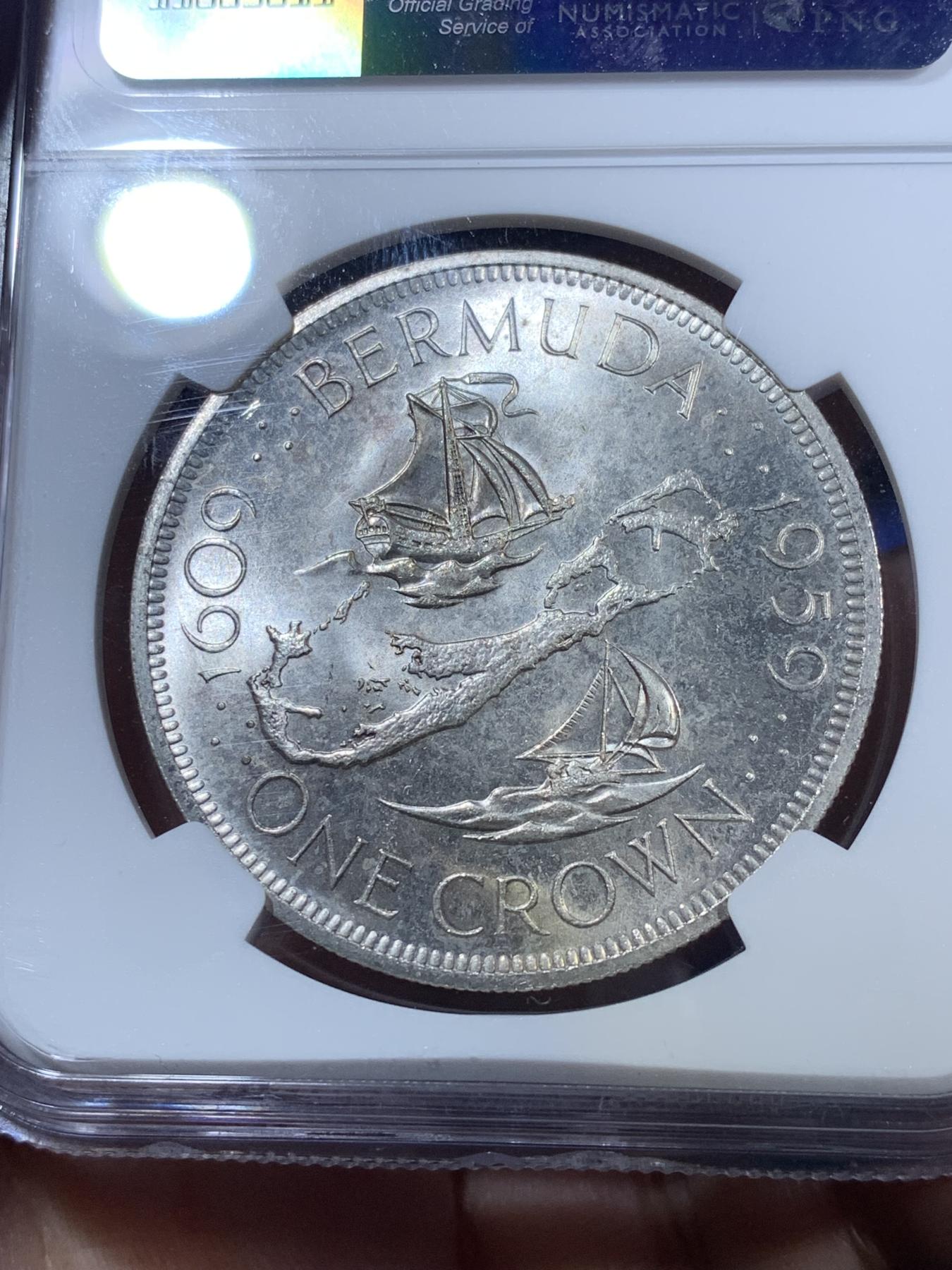 《竞宝斋》第270场- 周日，周一，周二  3场连拍 （全场包邮） NGC MS65 英属百慕大1959年伊丽莎白二世青年头像克朗银币 经典女王头像 高分好品