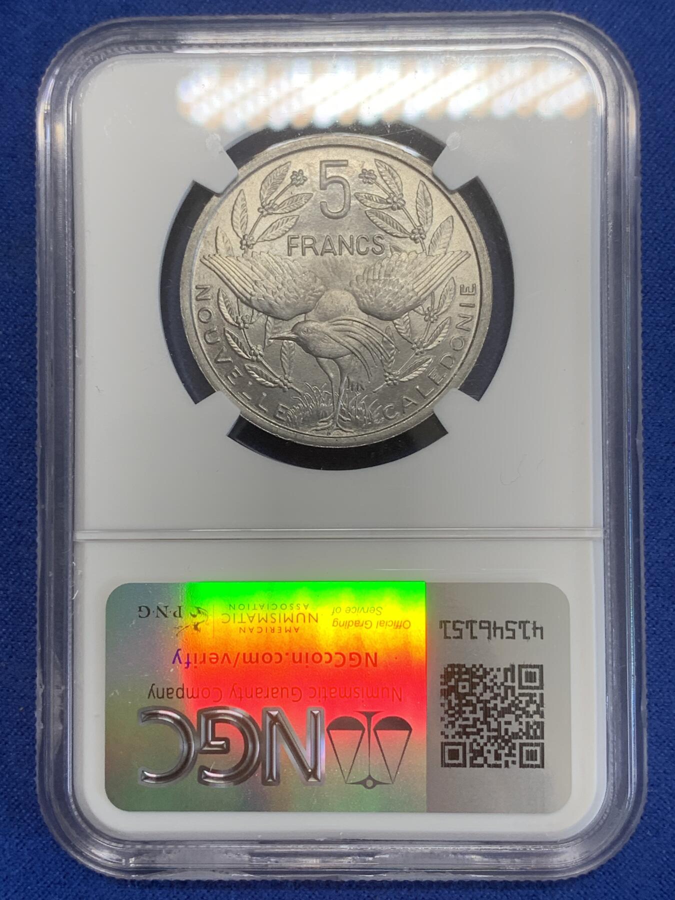 《竞宝斋》第270场- 周日，周一，周二  3场连拍 （全场包邮） NGC MS64 法属新喀里多尼亚1952年5法郎铝币