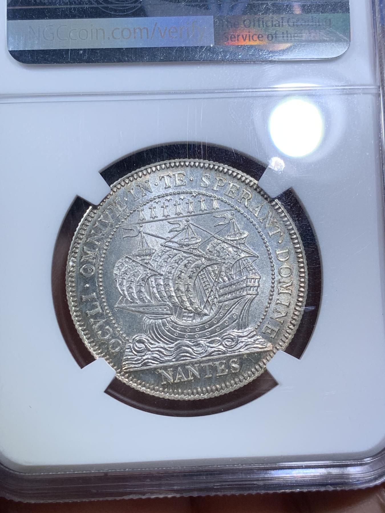 《竞宝斋》第270场- 周日，周一，周二  3场连拍 （全场包邮） NGC MS66 19世纪法国南特商会银质代币 顶级品相状态