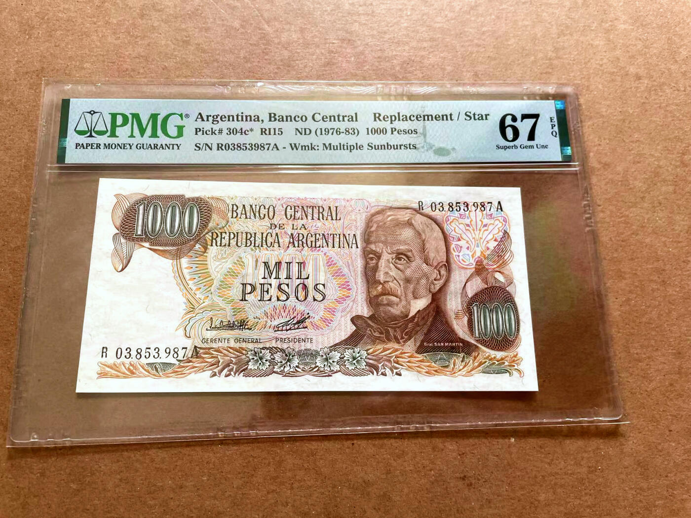 【Blue Auction】✨世界纸币精拍第479期【精】 【补号】阿根廷 1976-83年1000比索  PMG67EPQ 高分