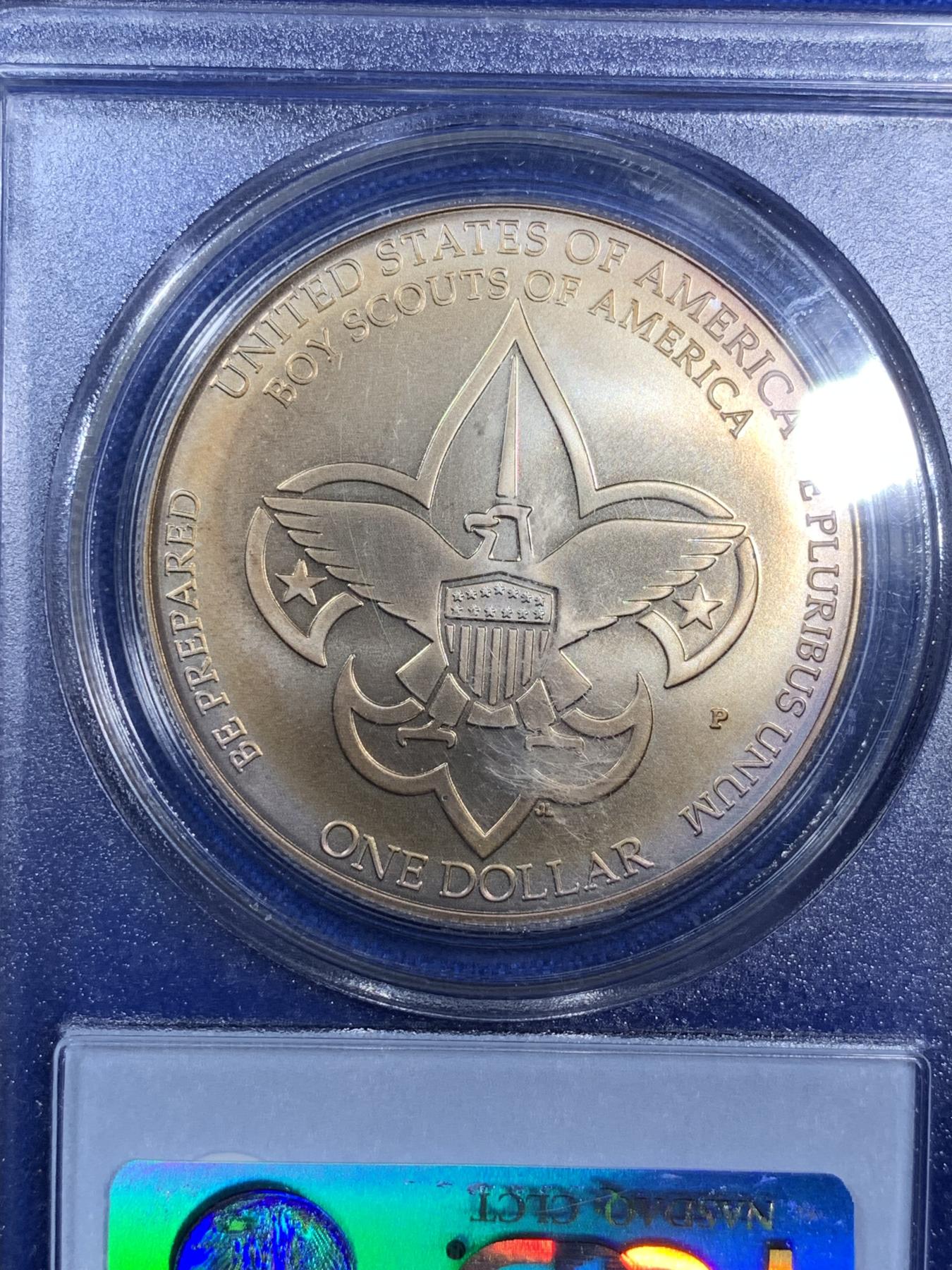 《竞宝斋》第270场- 周日，周一，周二  3场连拍 （全场包邮） PCGS MS69 美国2010年男童子军纪念银币 双面金黄色包浆很漂亮 秒杀普通白币